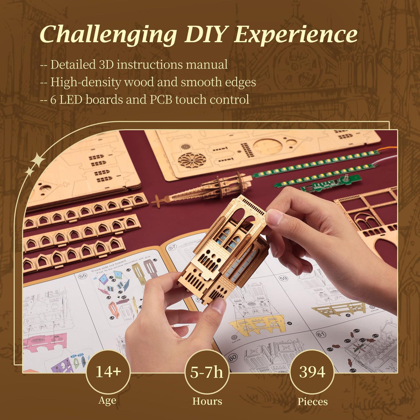 FUNPOLA LED 3D Wood Puzzle - Notre Dame de Paris Architecture Model-Night Edition with LED Lighting- DIY Building Model Craft Kit, Architecture Building Set