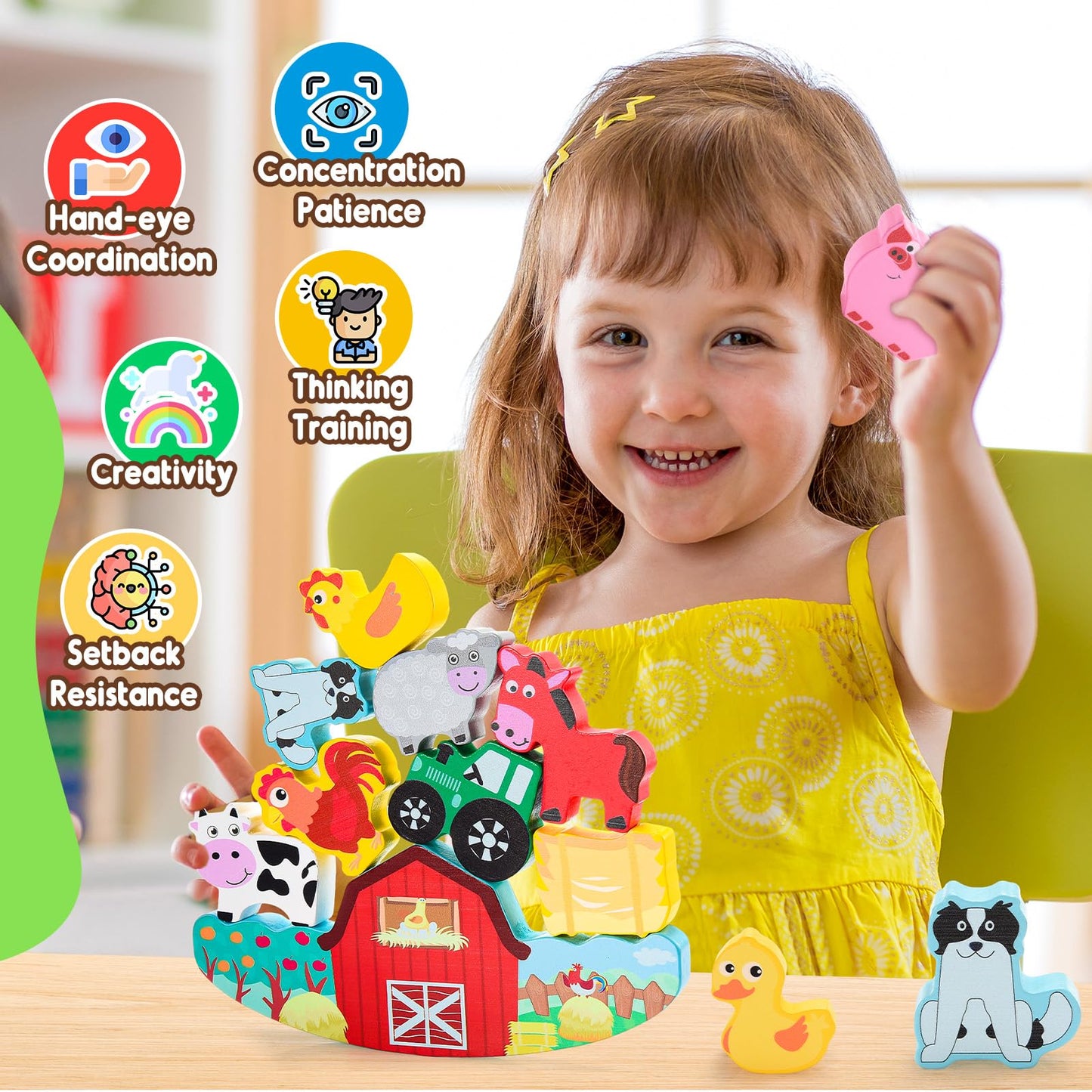 IPOURUP Montessori Toys for Kids 3-7 Wooden Farm Animal Blocks Stacking Games Educational Toy for 3 4 5 6 Year Old Girls Boys Christmas Birthday Gifts for Grandkids Toddler Balance Game Girls Age 3-5