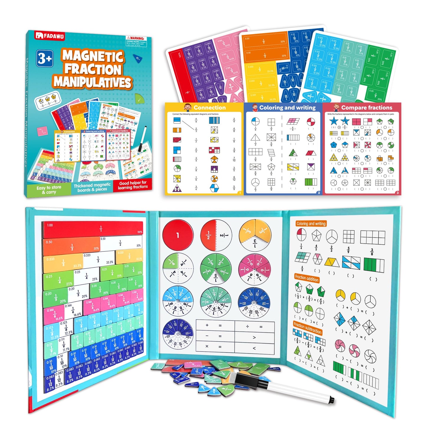 FADAWU Magnetic Fraction Educational Puzzle, Magnetic Fraction Demonstration Book with Fraction Tiles & Circles, Montessori Fraction Manipulatives for Elementary School, Maths Learning Toys for Kids