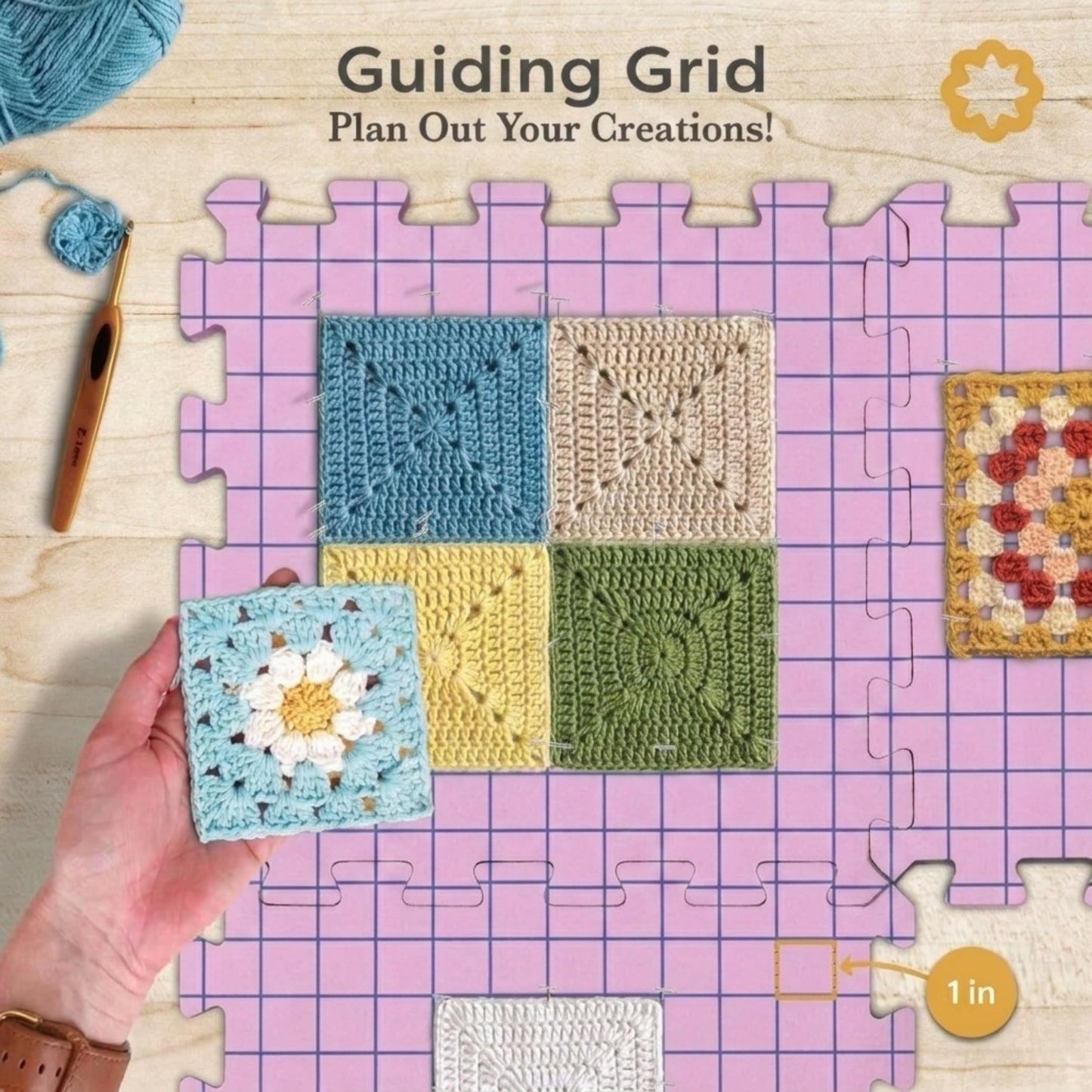 Unordinary Granny Crochet Blocking Board Set – 9 Extra Thick Interlocking Mats with Grid, 150 T-Pins, Felt Storage Bag and Cotton Pouch (Blush Pink)