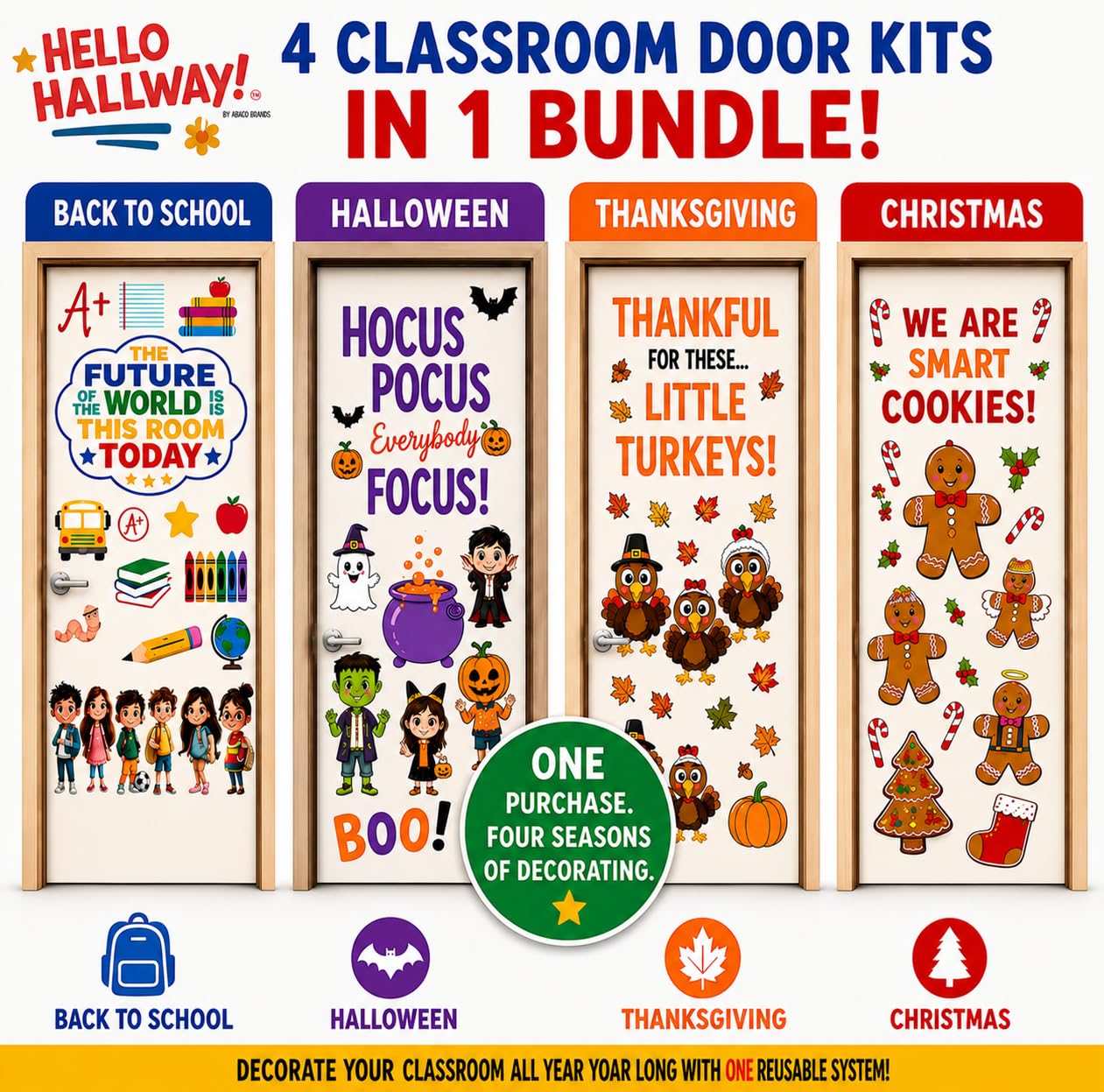 Hello Hallway Classroom Door Decorations for Teachers Seasonal Holiday 4-Pack Value | Peel & Stick Reusable Door & Whiteboard Decor | Preschool Pre-K Kindergarten | Teacher Supplies
