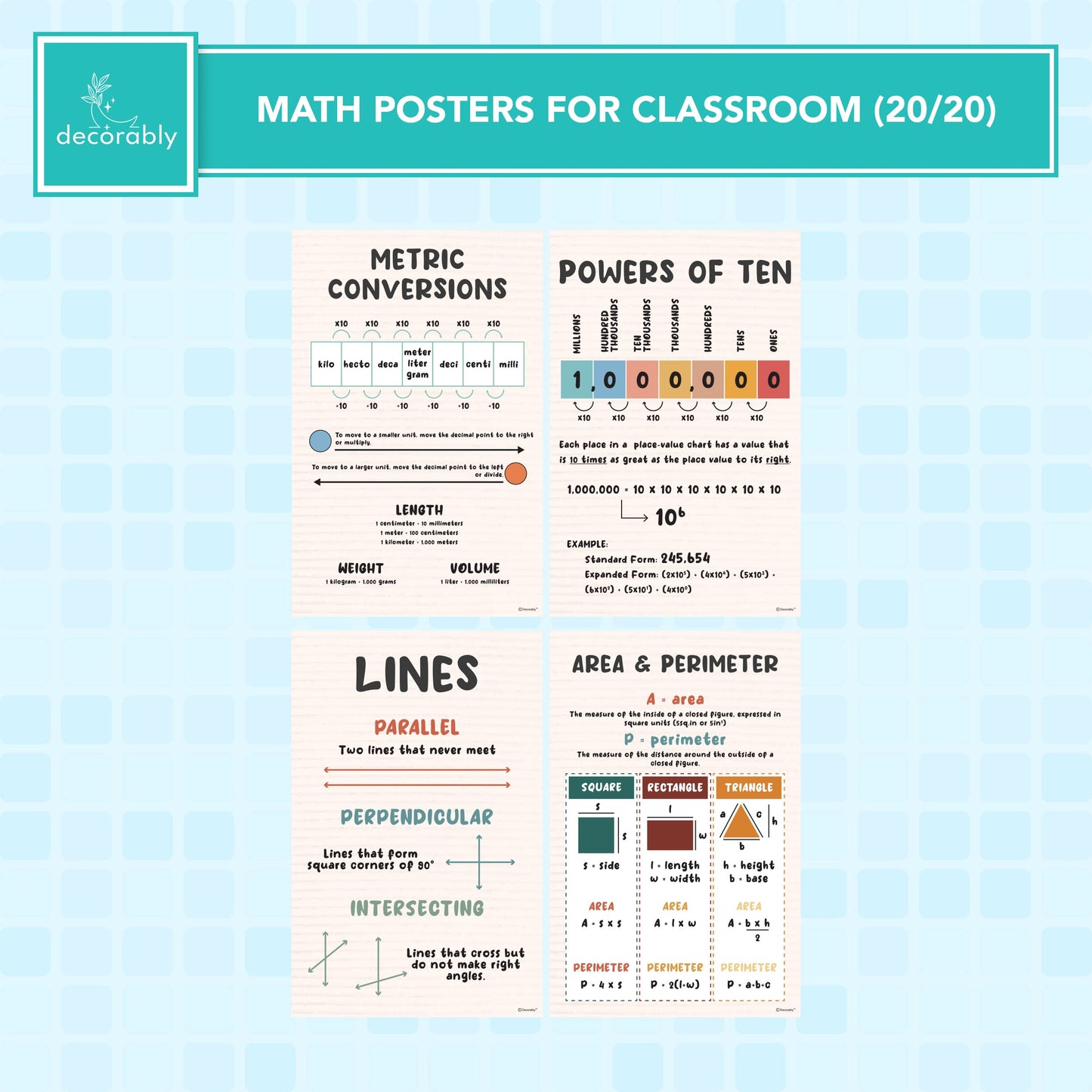 Decorably 20 Boho Educational Math Posters, 11x17in Educational, Matte-Laminated Decor - for Classroom, Hallways, Bulletin Boards, Home Study Room