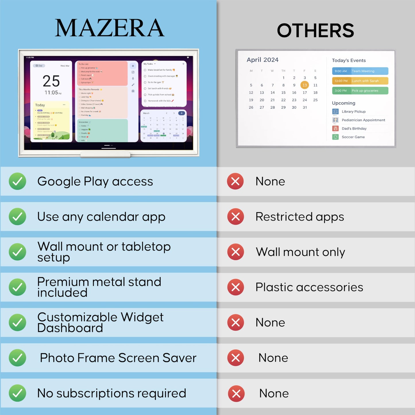 Mazera 21.5" Smart Family Hub & Digital Calendar - Electronic Wall Planner, Touchscreen Family Dashboard, Shared Calendar, No Subscription, Install Apps, Sync Schedules, Meal Planner, To Do Lists, Wall Mount & Stand