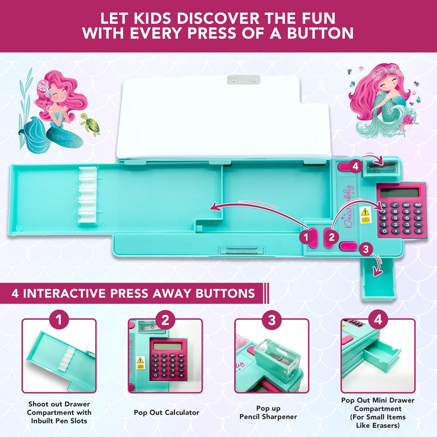 Decorably Pop Up Multifunction Mermaid Pencil Case for Girls, with Calculator, Sharpener, Pen Slots, Mini Drawer and 2 Main Compartments with Magnetic Closure - Back to School Gift for Kids