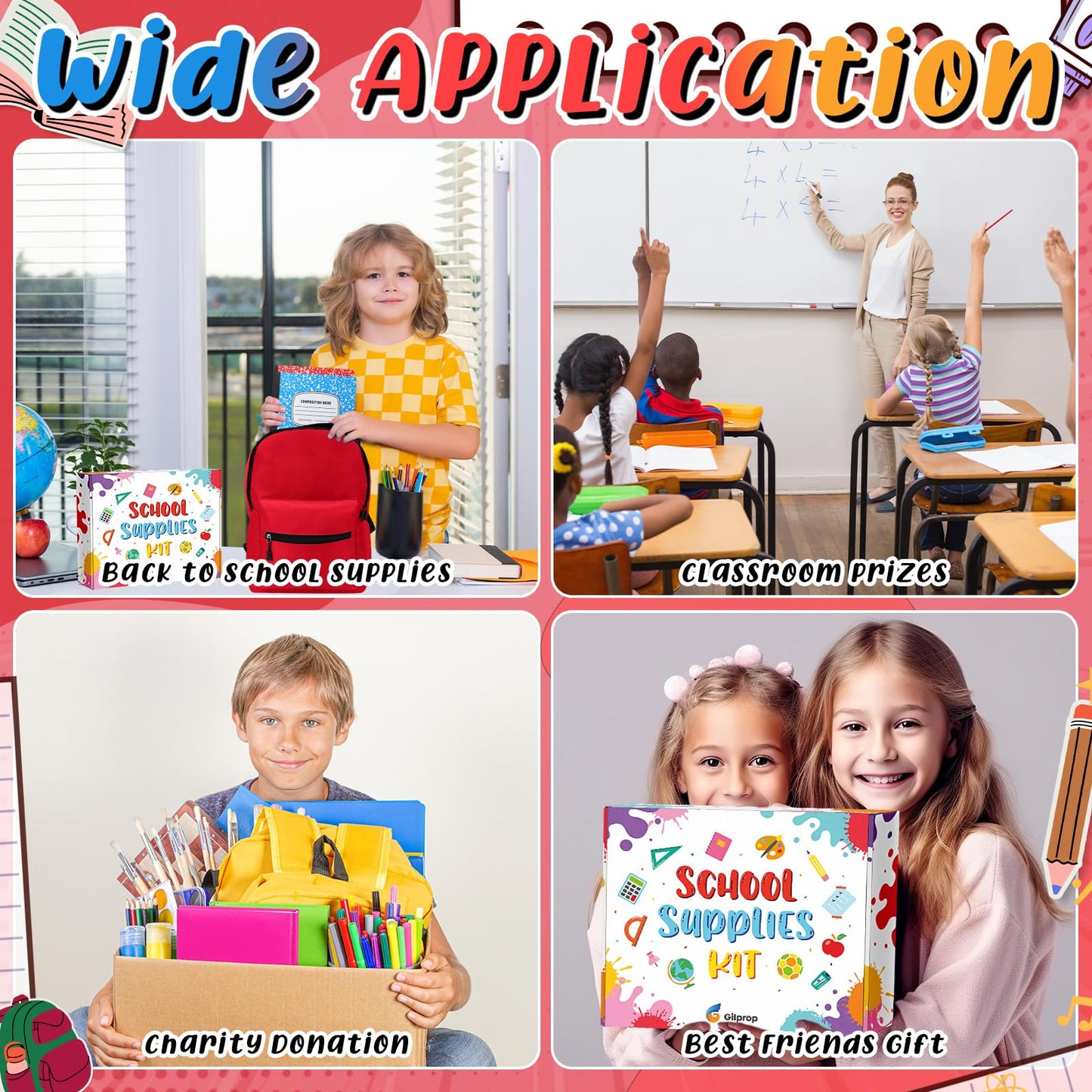 Gilprop 79 Pcs Back to School Supplies Box for Kids K-5 Students Elementary Middle School Supplies Kit Bundle Bulk Essential Pen Notebook Stationery for Primary Student Classroom(Red)
