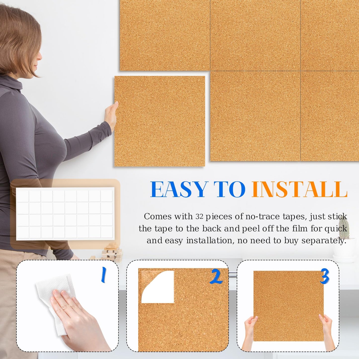 DOLLAR BOSS Cork Board Tiles, 6 Packs 12" x 12" 1/2" Thick Cork Bulletin Board Self Adhesive Corkboards for Walls with 60 Pushpins for Home Office Kitchen School Decor Display