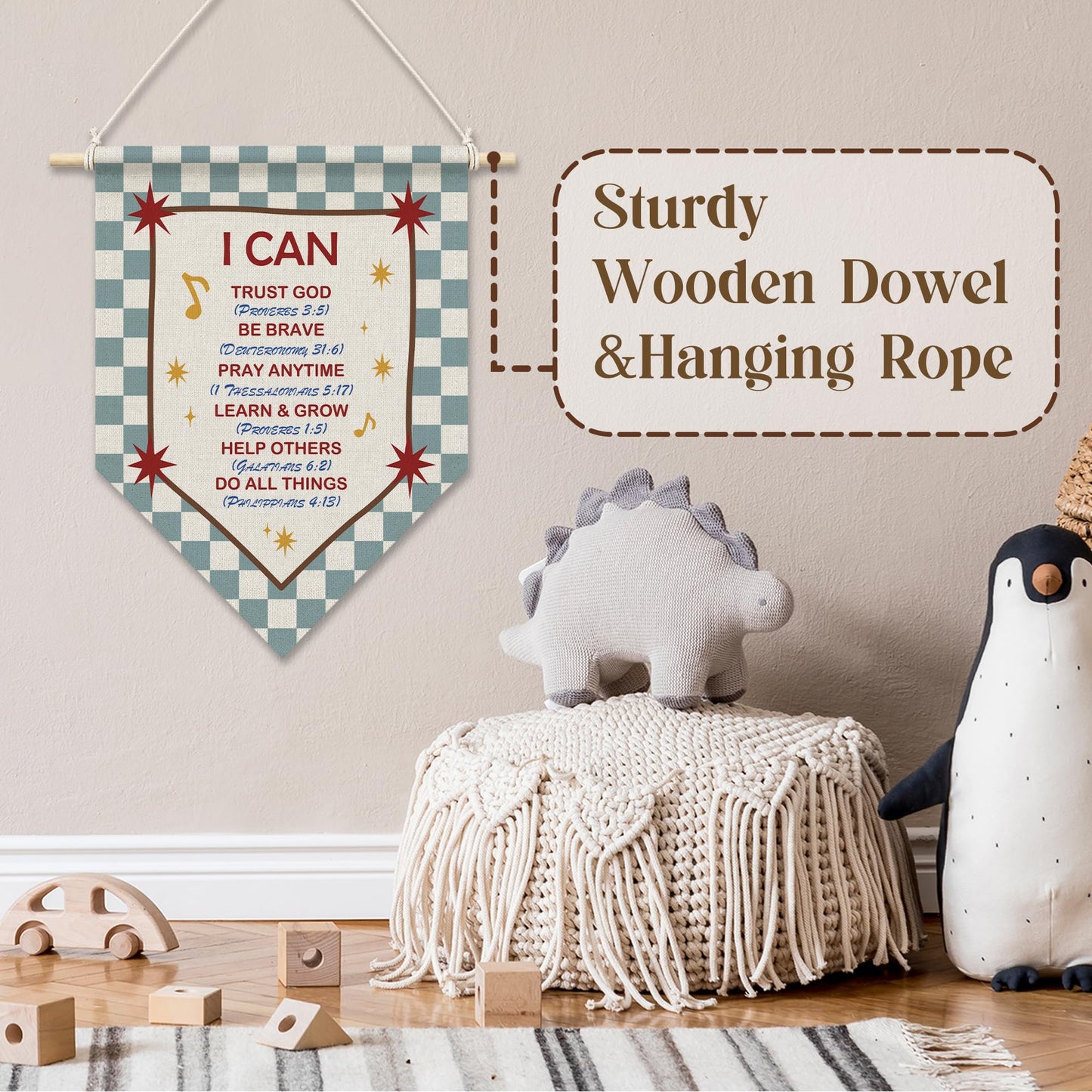 RUKUPA Christian Nursery Inspirational Wall Art Decor, Bible Verse Hanging Pennant Flag, Blue Checkered Religious Motivational Wall Art Poster Hanger for Home Bedroom Kids Room Decor, 11x15 Inch