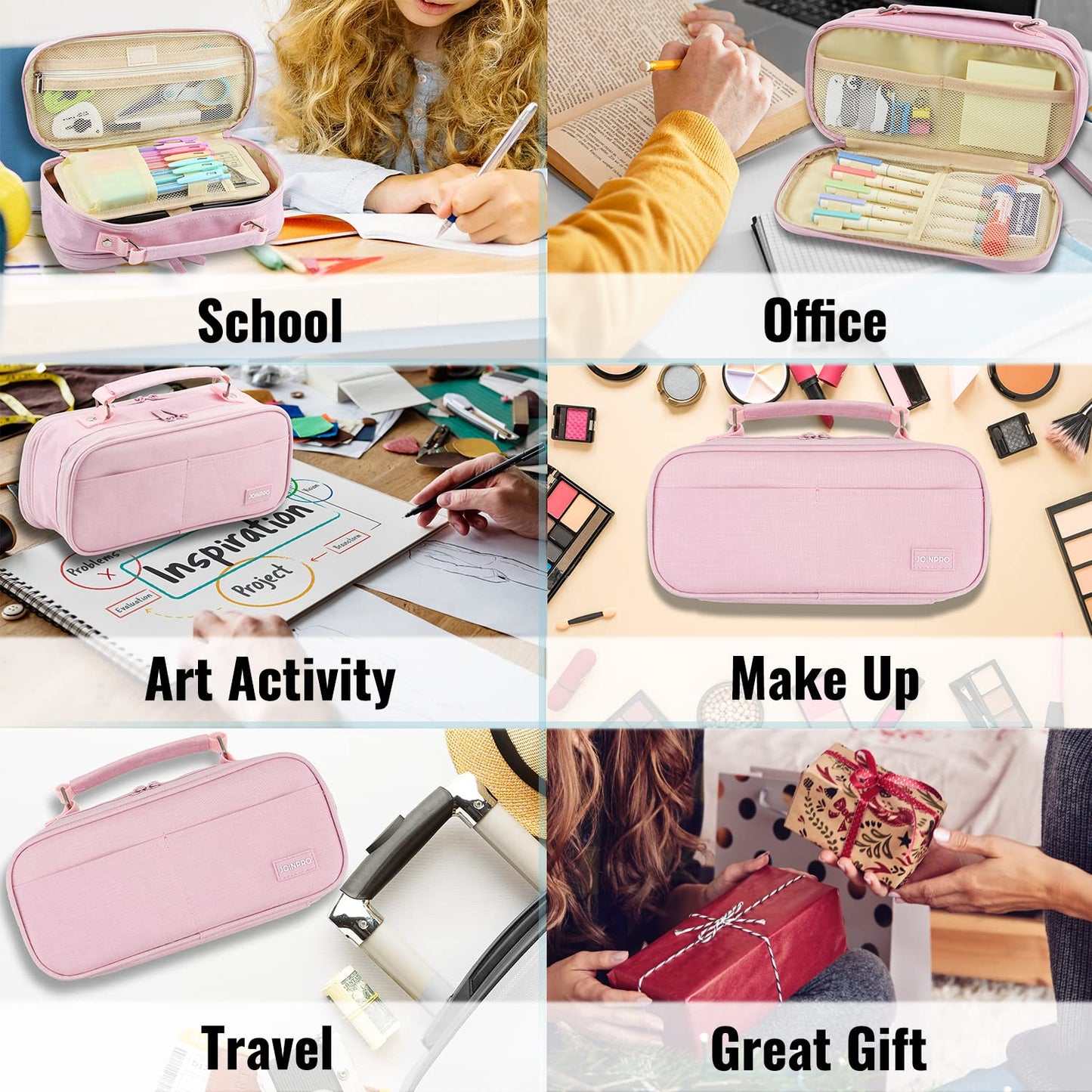 JOINPRO Large Capacity Pencil Case, 4 Compartment Pen Pouch Organizer with Double Zipper, Storage Bag for School, Office, Teen Girl Boy Men Women (Pink)