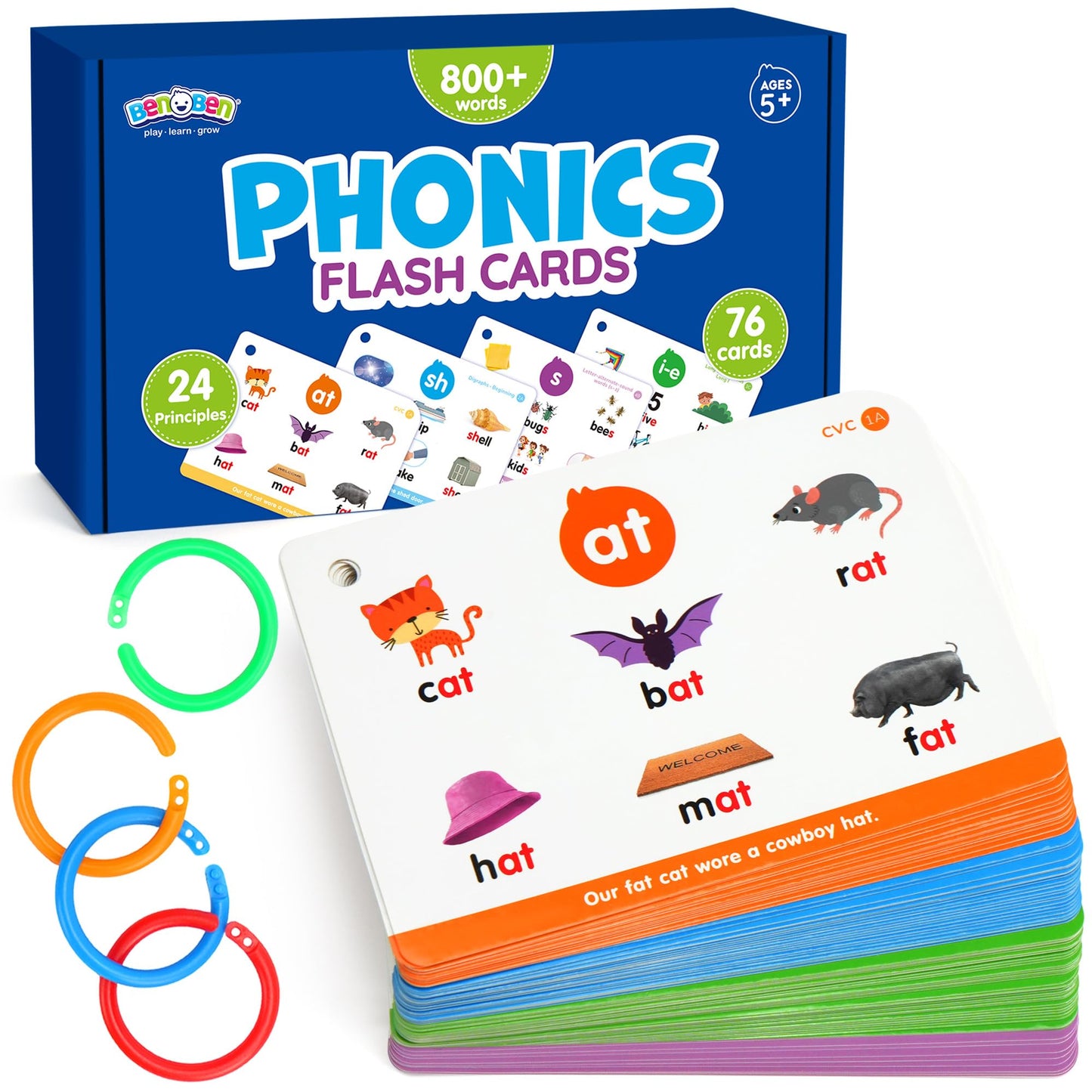 Phonics Flash Cards, 76 Cards 24 Principles, Learn to Read Phonics Games, CVC Digraphs Blends Long Vowel Sounds, Classroom Homeschool Educational Toys for Kids Ages 4-8 Kindergarten 1st 2nd Grade