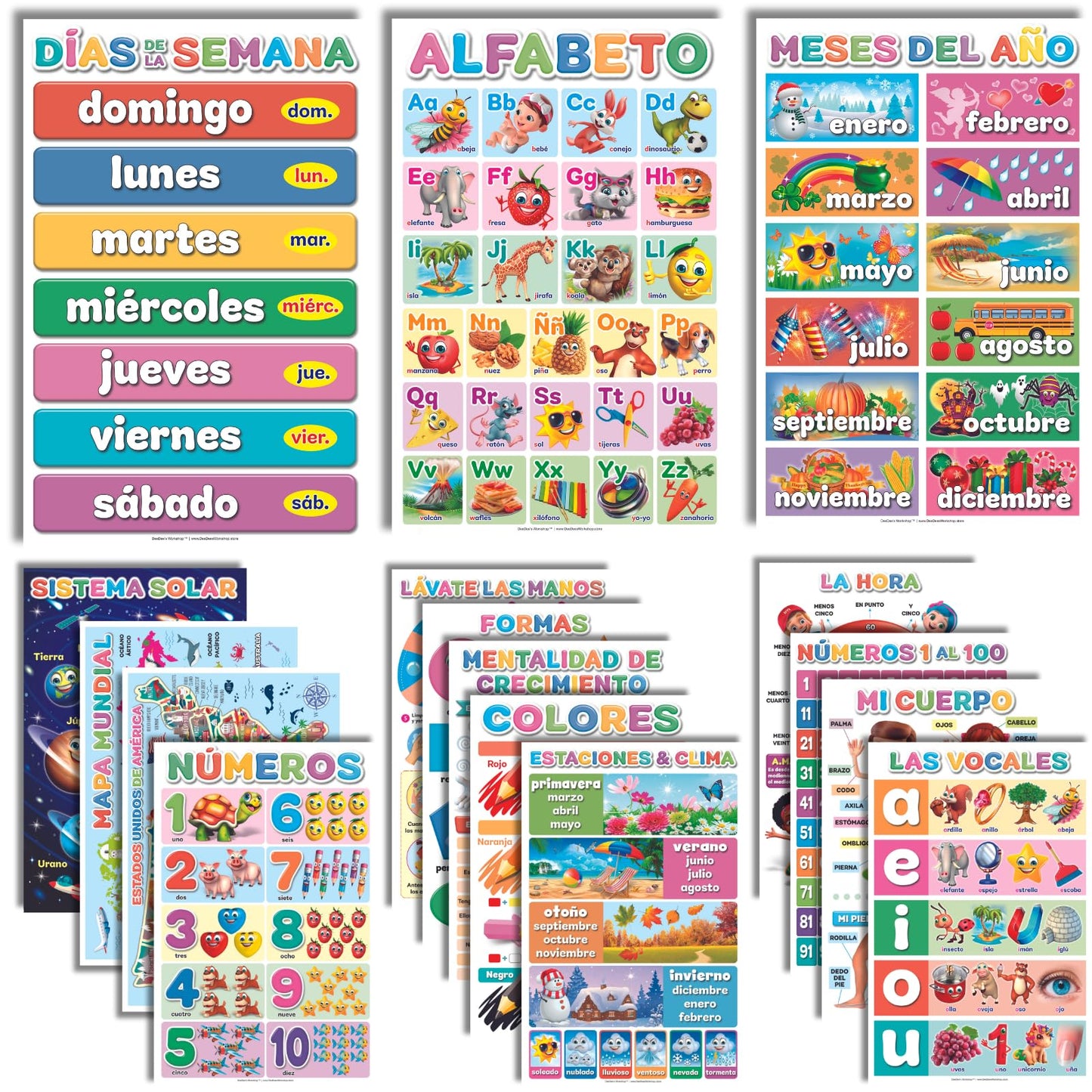 DeeDee's Workshop 16 Spanish Classroom Posters - Spanish Learning for Kids, Abecedario para Niños en Español, Days of the Week & Calendar