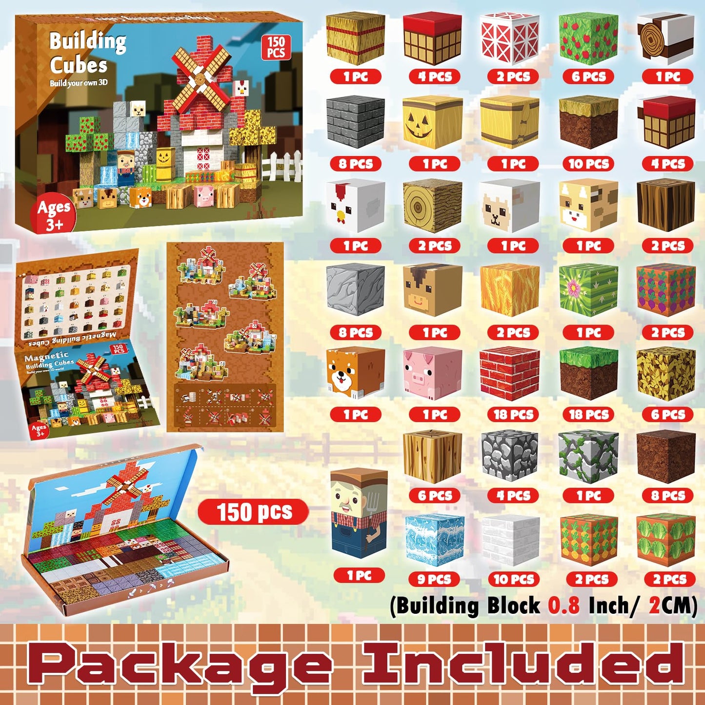 150 PCS Magnetic Blocks - Farm Animals Magnetic Building Blocks, Stacking Magnet Cubes for Kids, Magnetic Construction Toy for Boy Girl, STEM Montessori Sensory Toy for Ages 3-12 Birthday Gift