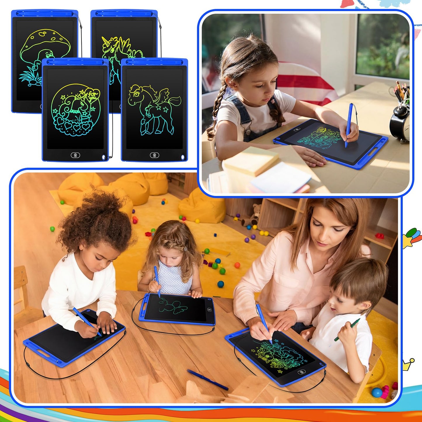 Zhehao 24 Pieces LCD Writing Tablet Doodle Board 8.5 Inch Colorful Reusable Screen Board Pad Reusable Drawing Writing Learning Educational Pad Toys for Girls Boys 8-10 3-10(Blue,Round Style)