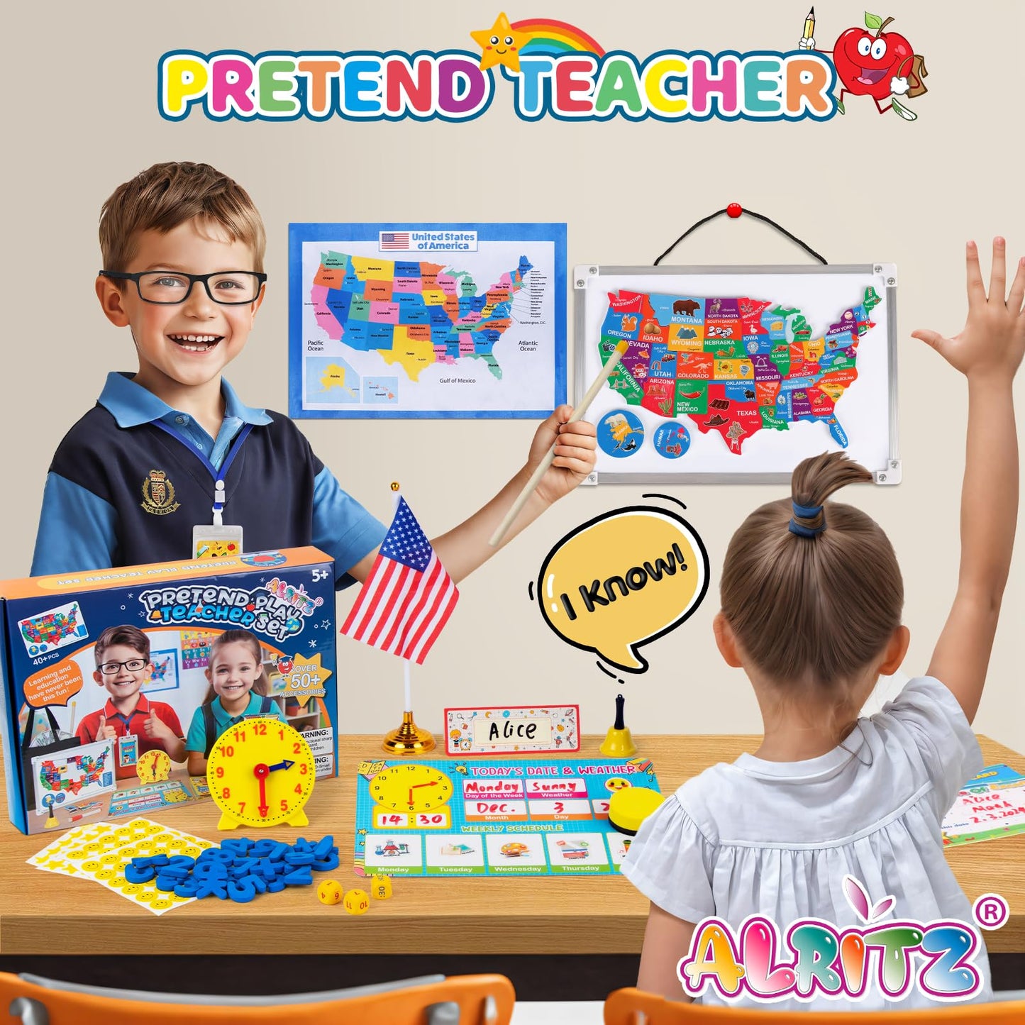 Alritz Pretend Teacher Playset, Role Pretend Play Kids School Toys Kit Include Map, Calendar, White Board Boys Girls Toys, Birthday Gift for Ages 5 6 7 8 9 10 11 12 13+