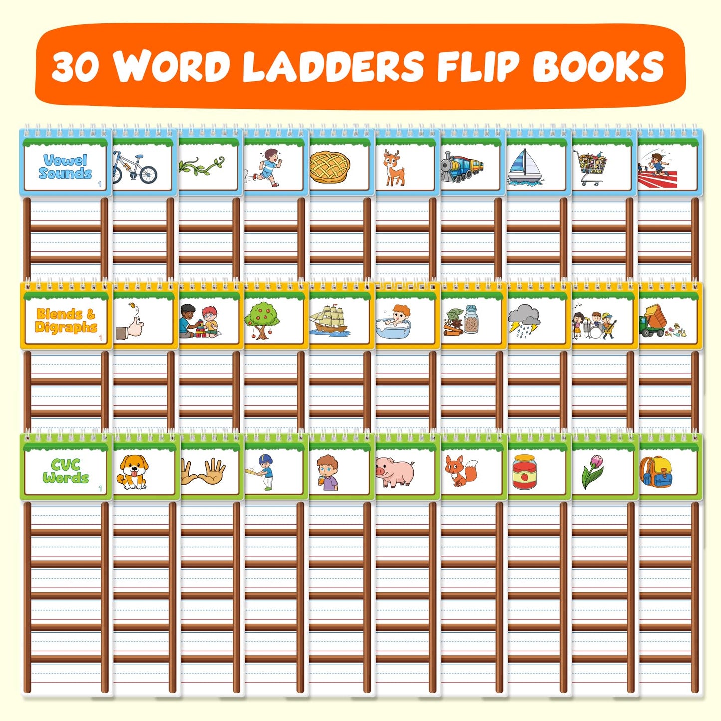 Edulok 30 Word Ladder Flip Books,Phonics Flash Cards,Word Ladders Word Family Build Book,Sight Words Reading Spelling Games Phonics Flip Books for Kids Classroom Homeschool Preschool Learning Activity
