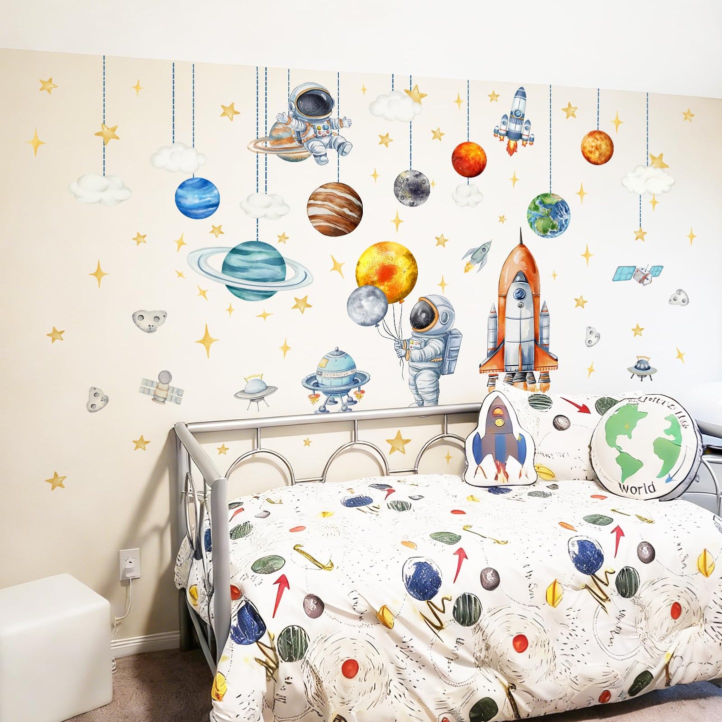 Space Astronaut and Planet Wall Stickers 3 Sheets Watercolor Galaxy with Rocket Decals Self-Adhesive Peel and Stick for Kids Room Nursery