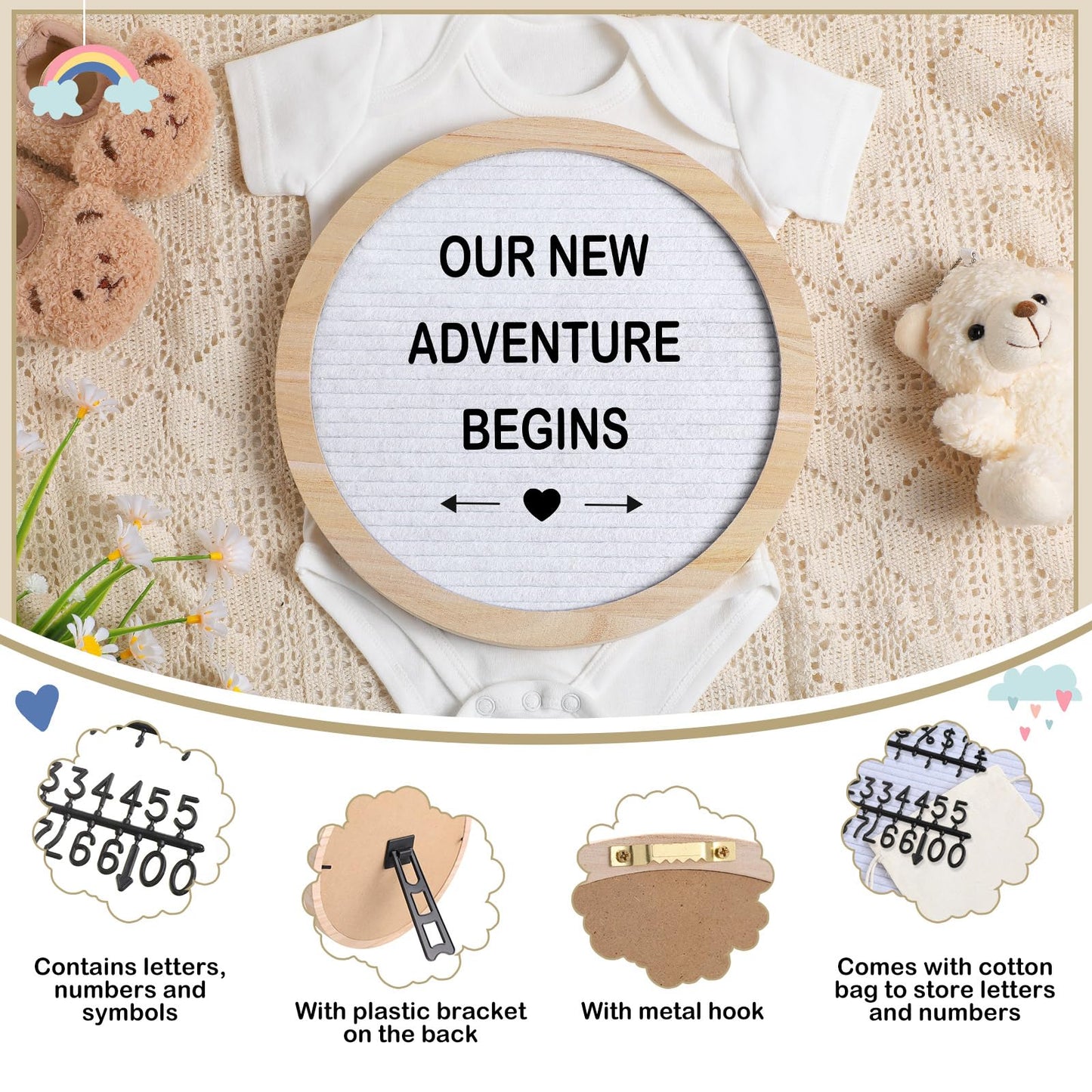 Canlierr 8 Pcs Pregnancy Announcement Set Pregnancy Reveal Ideas Include Felt Letter Round Board Kit Baby Bodysuit Booties Wood Blocks Wooden Signs for Coming Soon Baby Announcement(White)