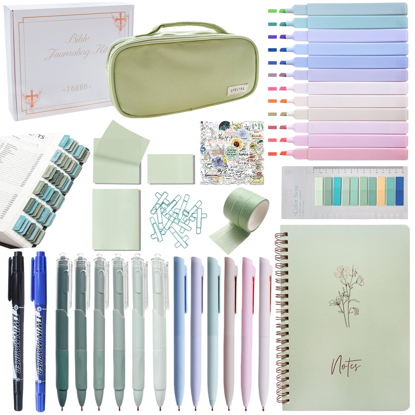 J6&H6 170Pcs Complete Bible Study Supplies Journaling Kit with Tabs, Highlighters and Color Pens, Notebook,Stickers & More Bible Accessories Set for Women, Beginner Christian Gifts(Green)