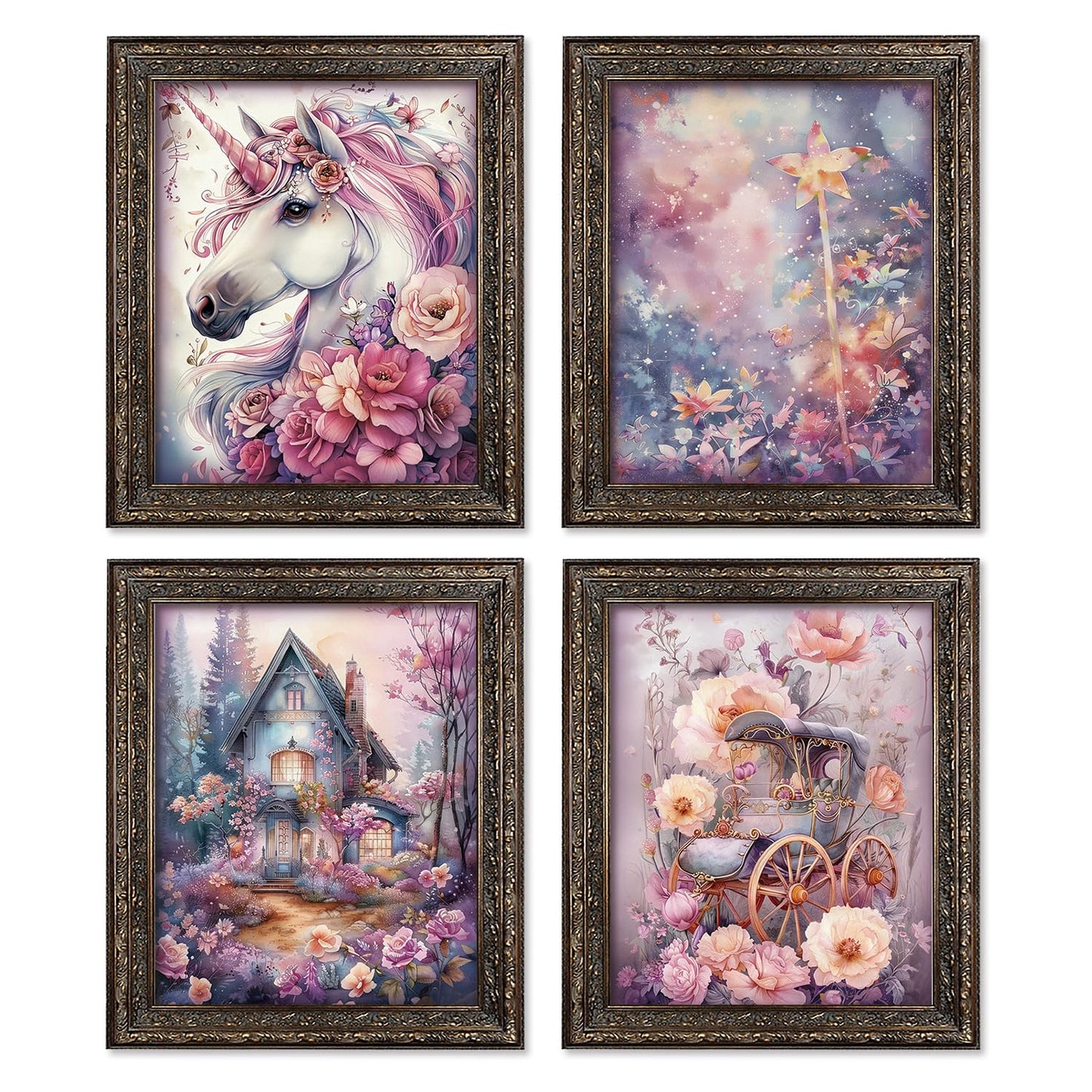 Locomiss Enchanted Forest Fantasy Horse Floral Wall Art Decor, Whimsical Mystical Fairytale Carriage Prints Posters for Girl Nursery Toddler Girls Room Bedroom Wall Decor, Set of 4, 8x10 Unframed
