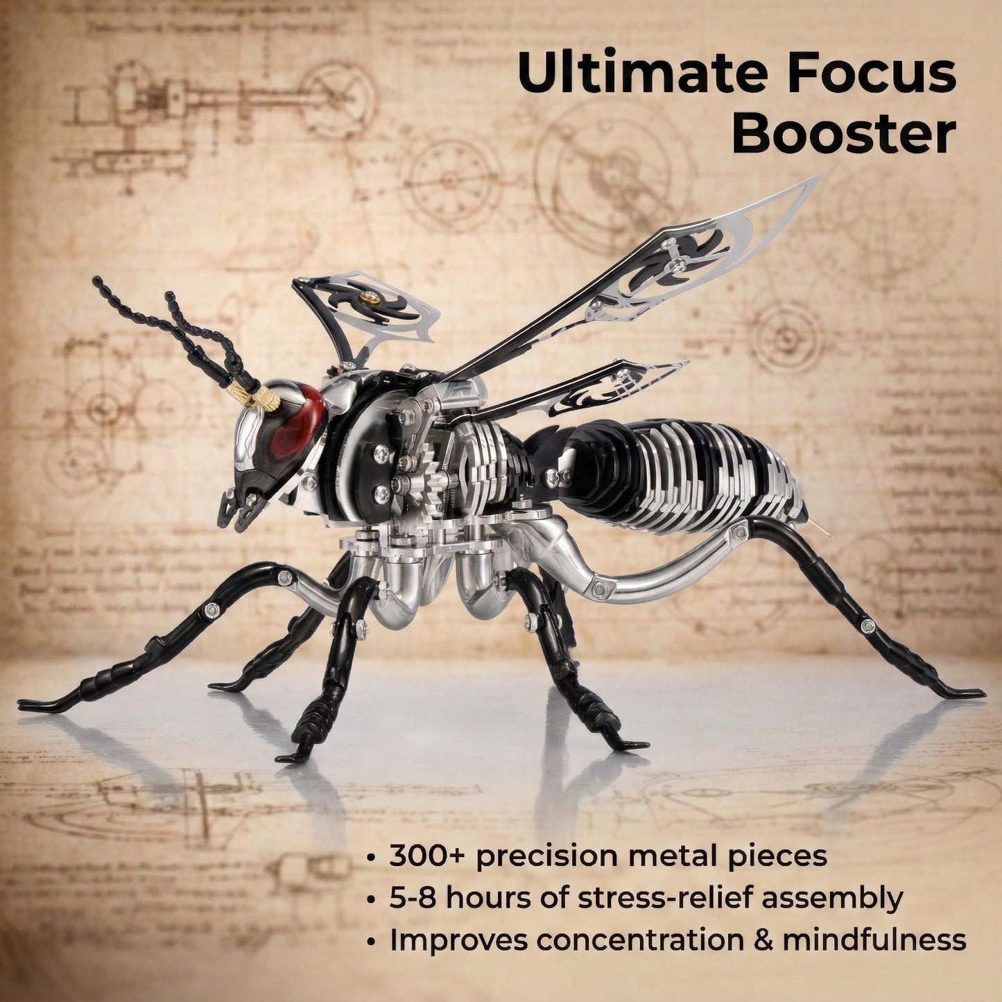 Gold-Plated Metal Bee Model Kit - 3D Stainless Steel Mechanical Insect Puzzle for Adults - Steampunk Bionic Wasp Sculpture - Executive Desktop Art and Stress Relief Gift (Bee-Black)
