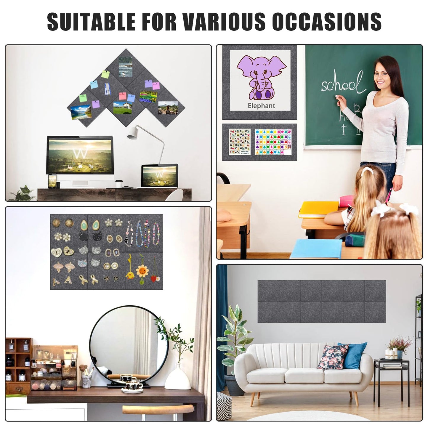 Large Cork Board Alternative 36" X 24" Bulletin Board - 6 Pack Removable Felt Wall Tiles, Cork Wall Tiles Bulletin Board Home Office Essentials - Dark Gray