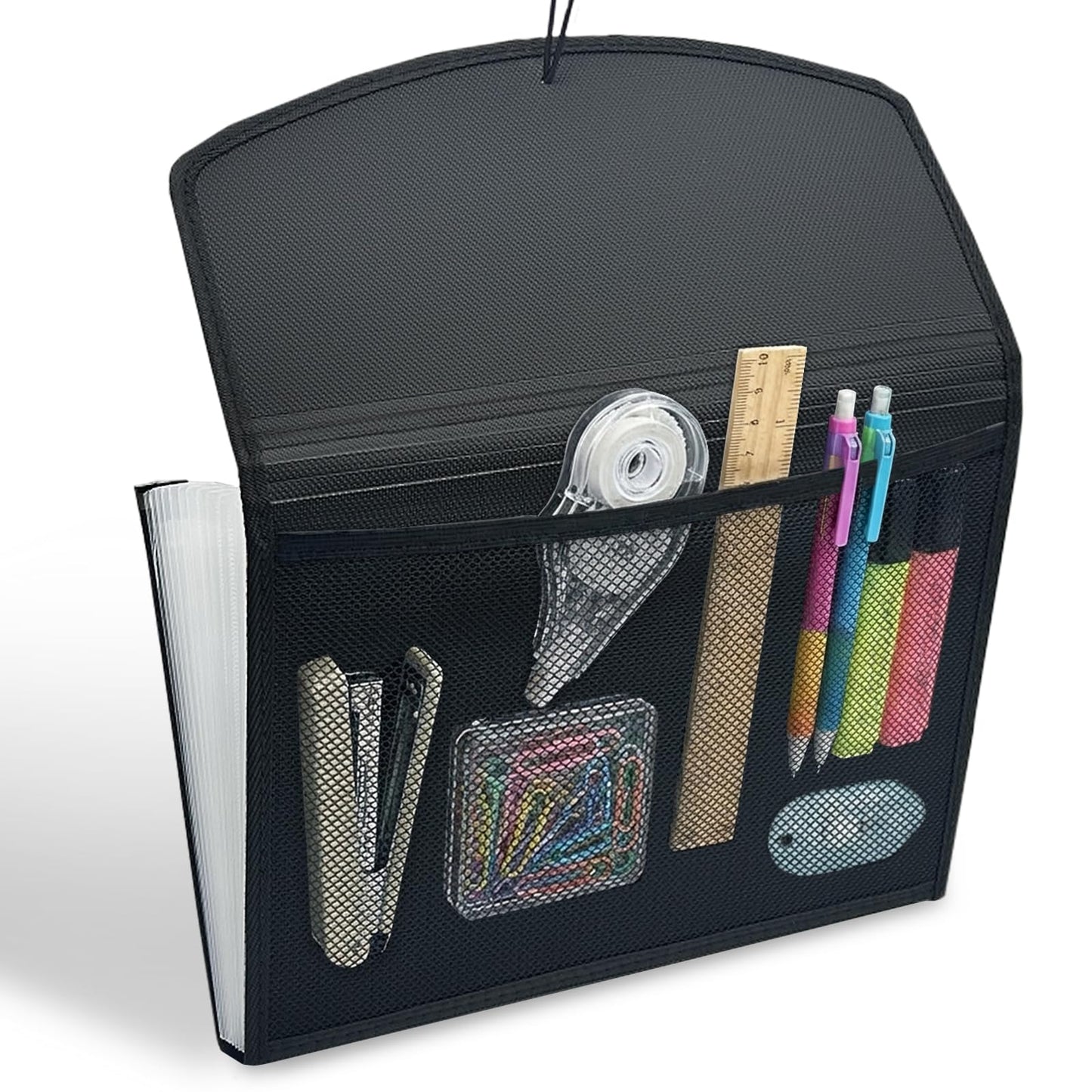 H4D 13-Pocket Accordion File Organizer with Mesh Pocket, Expanding File Folder with Tabs, Expandable Document Organizer for Home Office School, Letter Size, Black