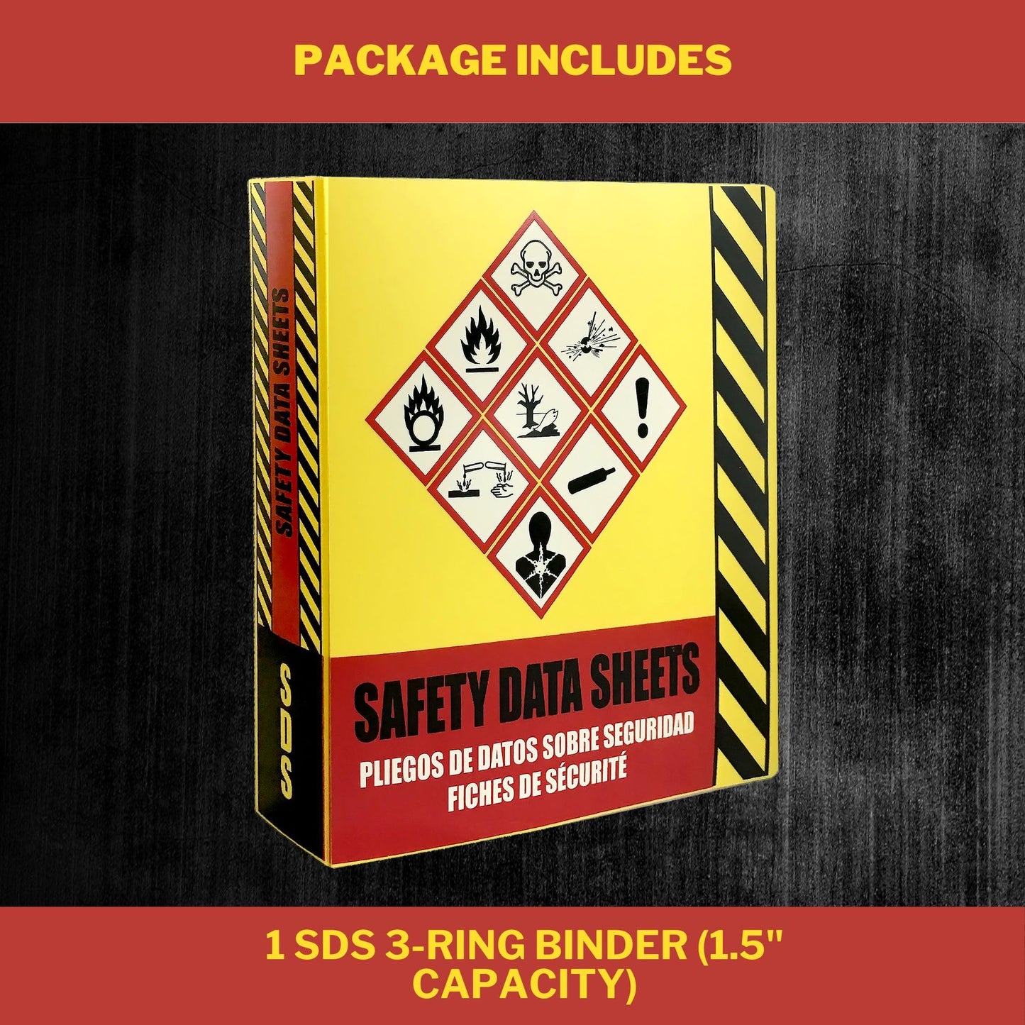 Ring Binder Depot SDS Binder, Heavy Duty 3 Ring Binder with 1.5 in Capacity Holds 250 Pages, Trilingual with EnglishSpanishFrench, Durable and Highly Visible Safety Data Sheets, Yellow