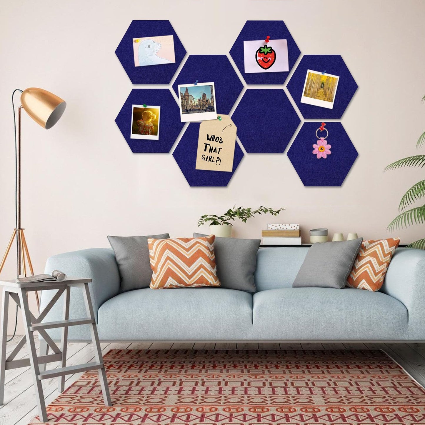 8 Packs Royal Blue Hexagon Felt Pin Board, 12" Bulletin Board with 30 Push Pins, Felt Board for Home Kitchen Office Decor, Self-Adhesive Corkboard Tiles for Walls Message Photos Memos Display