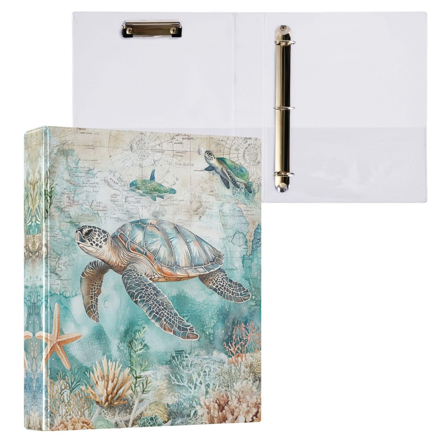 Sea Turtle Shell Starfish Coral Round Ring Binders 1.5 Inch Whale Nautical Ocean Theme 3 Ring Clipboard Binder for Office School Work Supplies File Folder 200 Sheet Capacity
