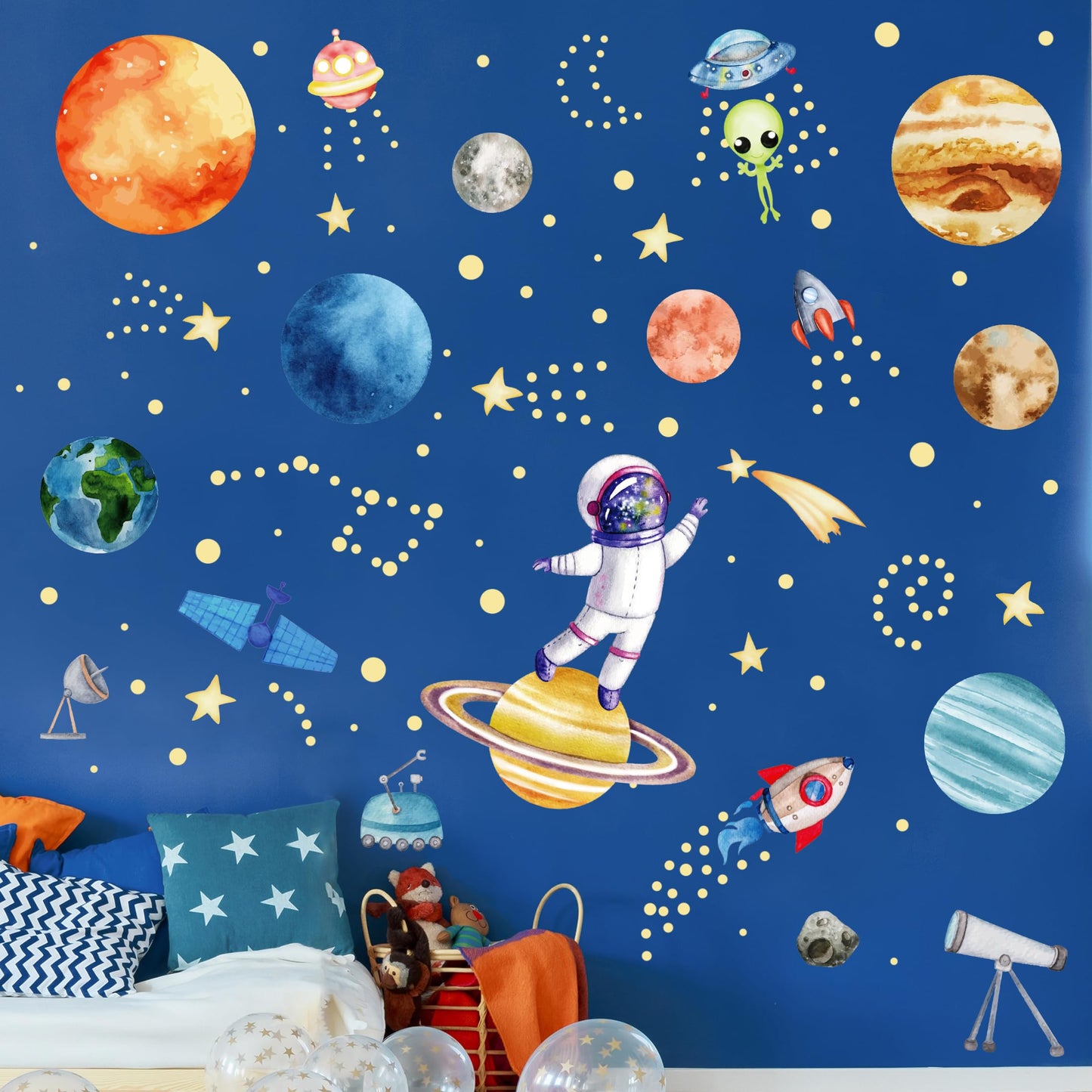 Watercolor Solar System Wall Decals, Glow in The Dark Stars, Kids Planets Sticker for Ceiling, Astronaut Wall Stickers for Bedroom, Green