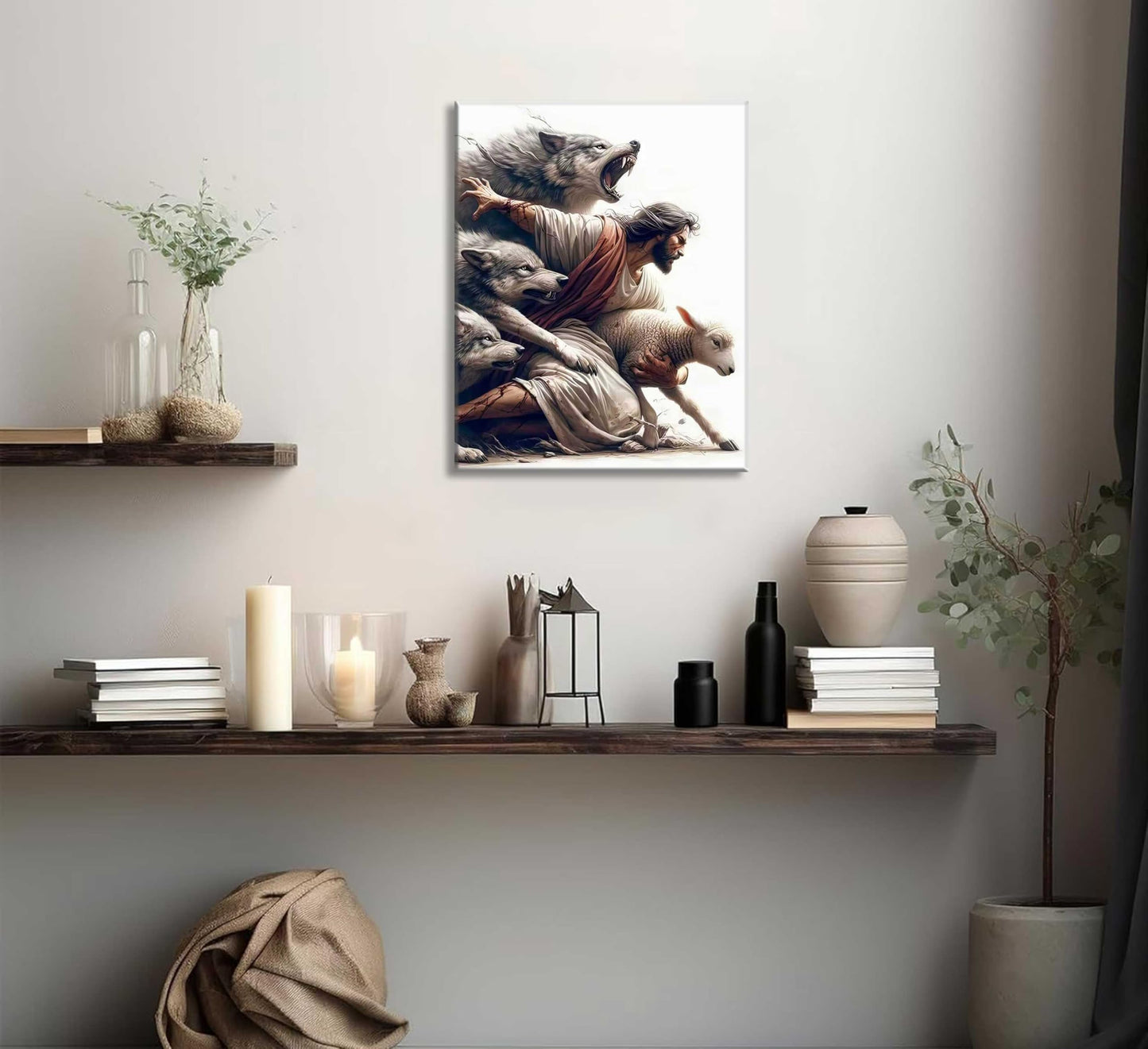 Jesus and Lamb Canvas Wall Art Jesus Protecting Lamb from Wolves Poster Painting Christian Picture Wall Decor Bible Stories Print for Living Room Bedroom Church Decor Framed