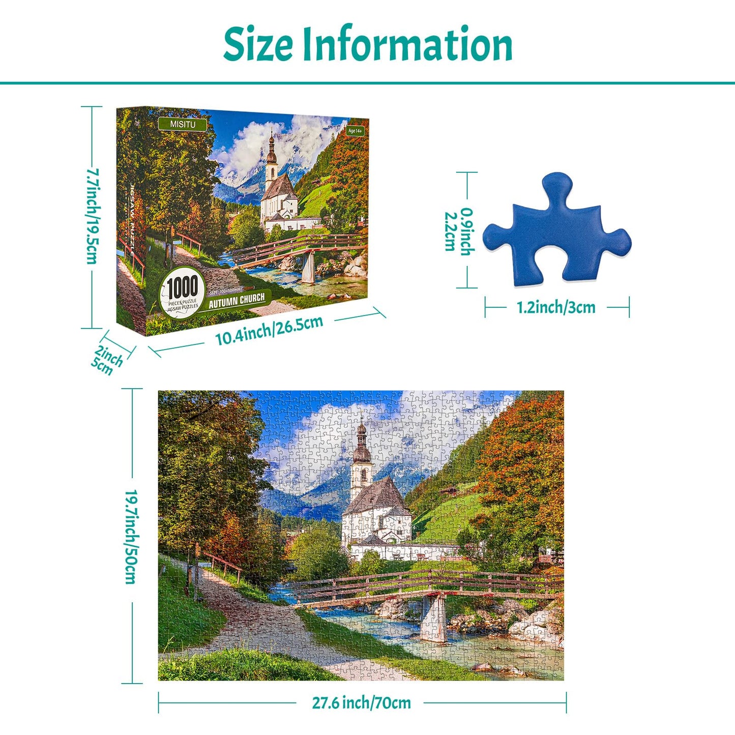 MBOQIU 1000 Piece Puzzle for Adults - Autumn Church Puzzles for Adults 1000 Pieces, Letters on Back, Countryside Landscape Jigsaw Puzzle, Challenging Puzzles for Teens Seniors - 27.6 x 19.7 inches