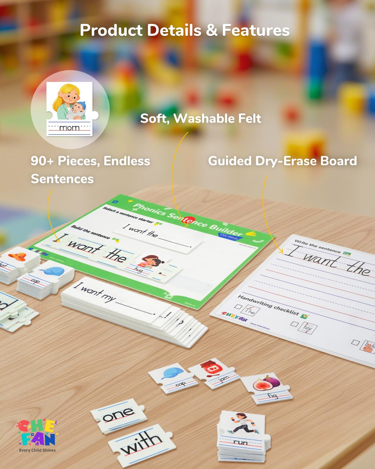 CHEFAN Sentence Building for Kids, Phonics Sentence Builder, CVC Word Games for Kids, Sight Words Flash Cards, Learn to Read Handwriting Practice, Preschool Kindergarten Homeschool & Speech Therapy