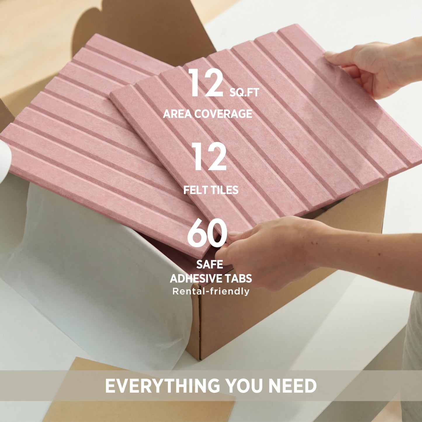 VIVELDA Felt Bulletin Board Tiles 48"x36" - 12-Pack Cork Board Alternative, Oeko-TEX Certified, NRC 0.95 Acoustic Wall Panels, Damage-Free Adhesive, Slatted Design, Home Office & Classroom (Salmon)