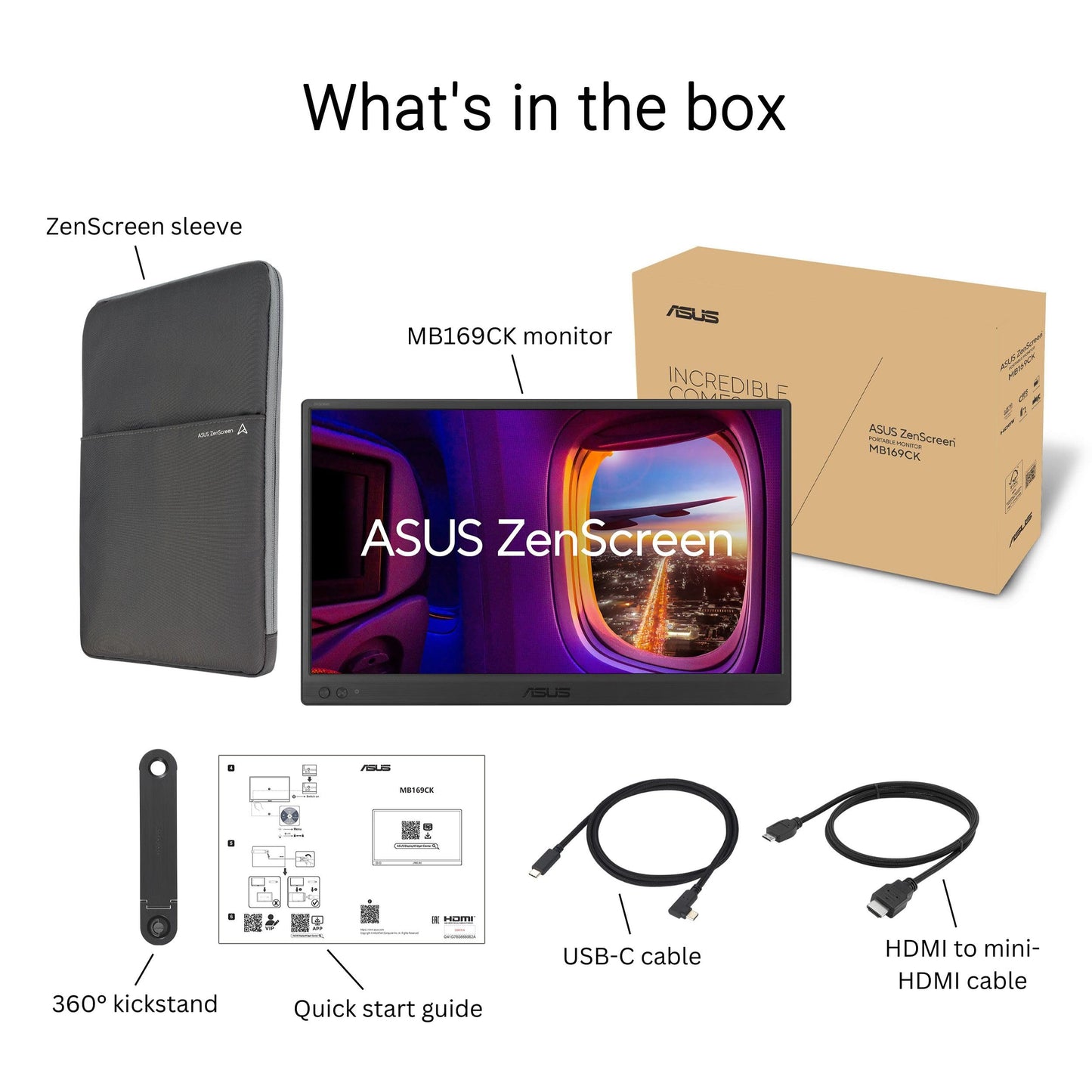 ASUS ZenScreen 15.6” Portable Monitor for Laptop (MB169CK) - Dual USB-C, Mini-HDMI, Plug & Play External Screen for Travel Dual Setup, Full HD, IPS, Anti-Glare Surface, 360° Kickstand, 3yr Warranty