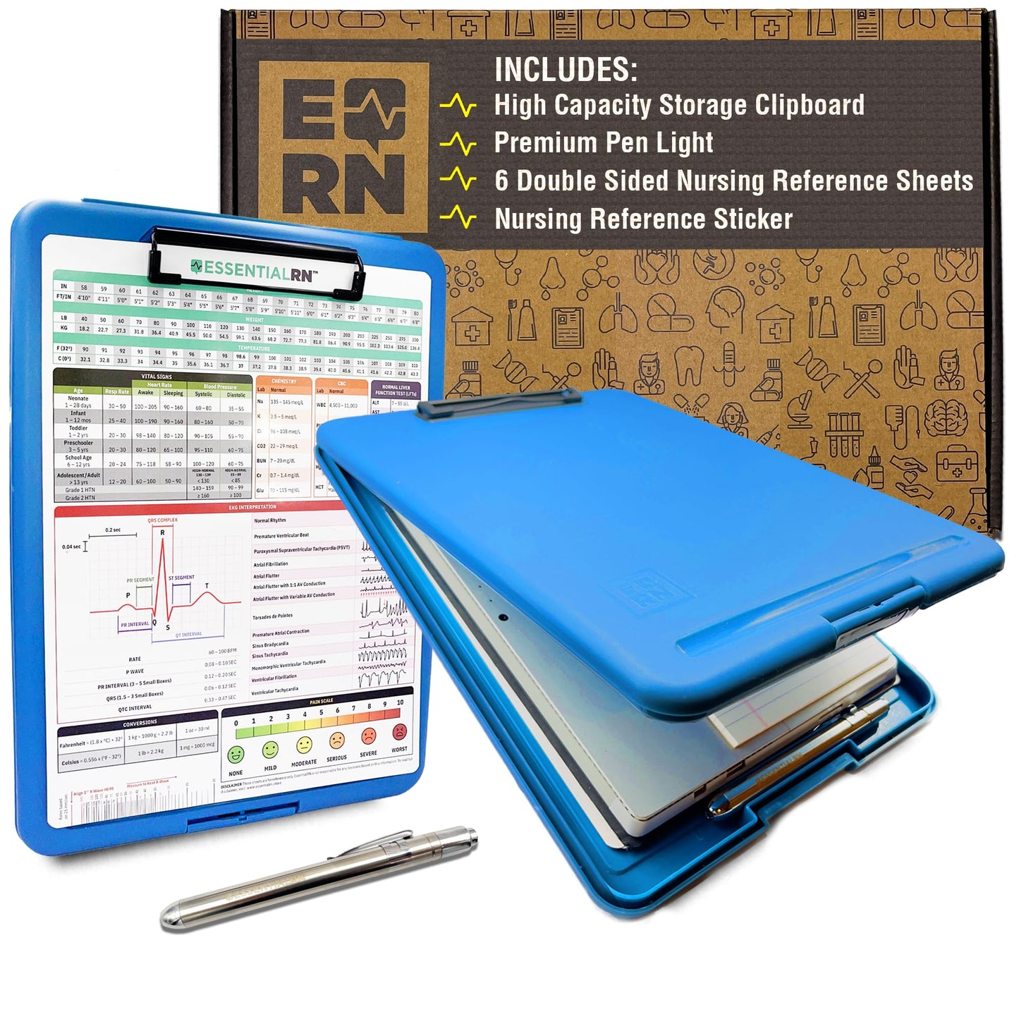 Essential RN Heavy Duty Nursing Clipboard with Storage Compartment, Penlight & Clinical Cheat Sheets – Nurse Clipboard Binder with Pen Holder - Perfect Nursing Accessories for Nursing Students