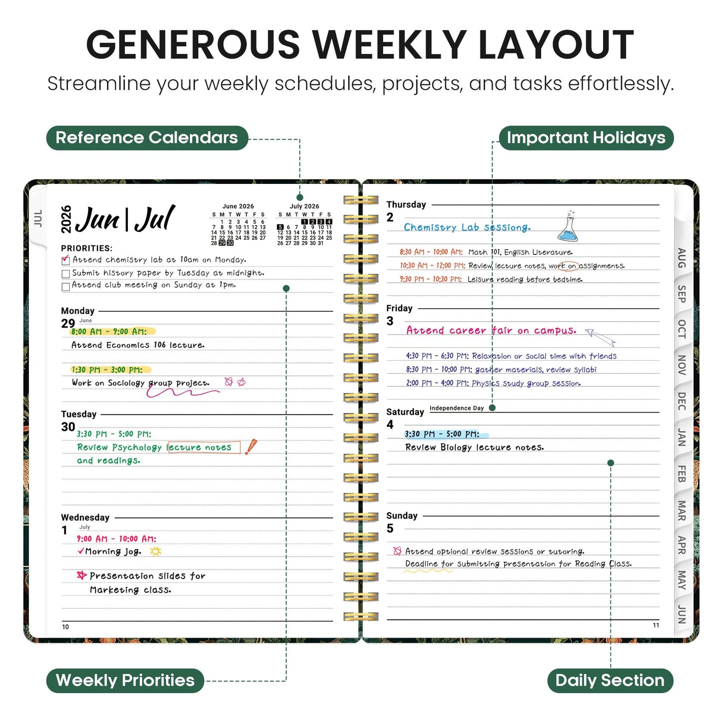 Planner 2026-2027, Academic Year Weekly and Monthly Calender Planner, from Jul 2026 - Jun 2027, Spiral Bound School Planning Book, Perfect for Teacher, Student, Women & Men, A4 (8.5" x 11"), Enchanted Grove