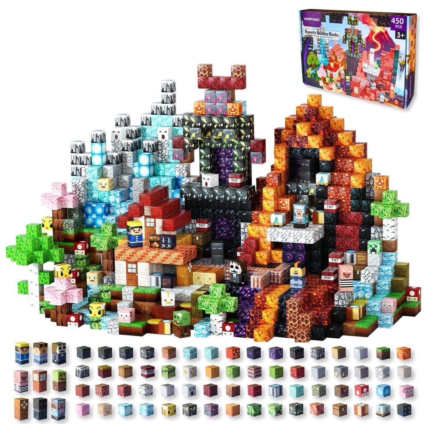 MORPHIMO 450 PCS Magnetic Building Blocks Set - Big STEM & Sensory Toy for Kids - Stacking Magnets - Instruction Book & Fabric Storage Bag - Shared Play Toy for Siblings & Friends