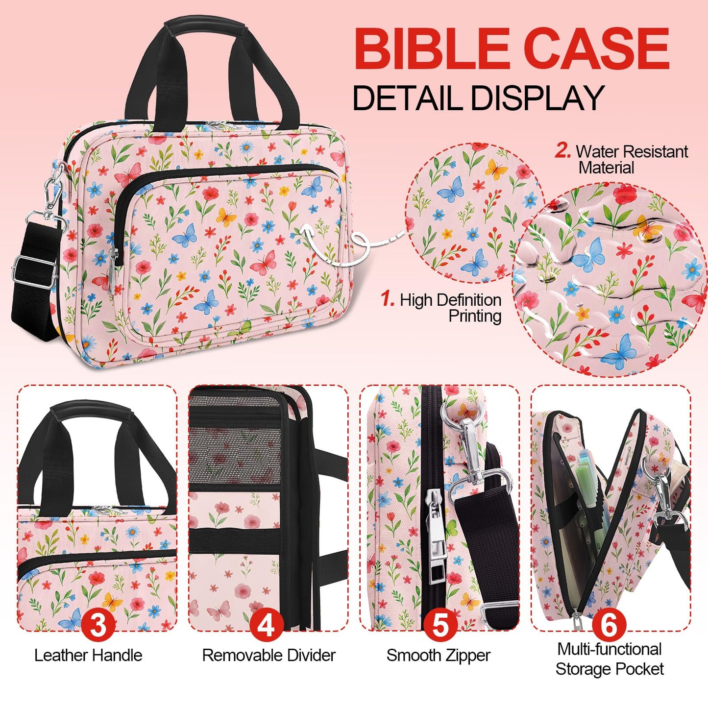 Cute Flower Large Bible Cover Case for Women Girls Organizer, Church Bag Book Carrying Case with Highlighters Shoulder Strap Pens Cross Clip Study Supplies Journaling Kit, Christian Gifts Pink