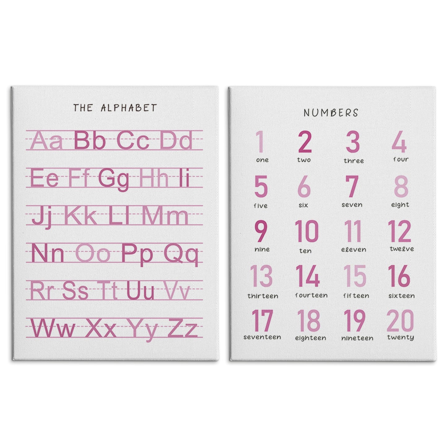HRQKO Alphabet Numbers Nursery Canvas Wall Art Set of 2, Pink Kids Room Decor Framed Art, ABC Numbers Educational Posters Wall Decor for Classroom Toddler Kids Nursery Bedroom Playroom, 11x14 inch