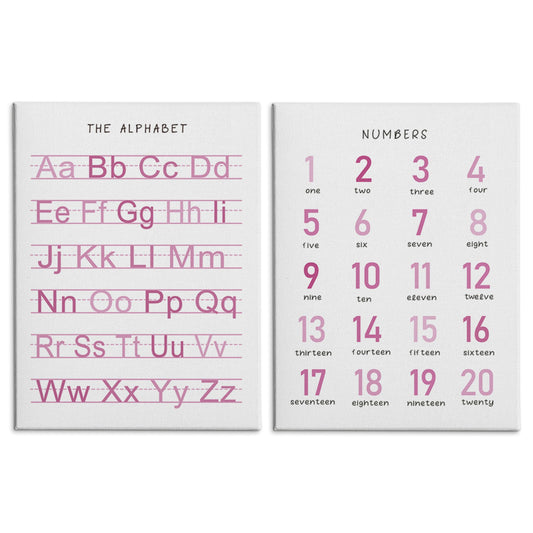 HRQKO Alphabet Numbers Nursery Canvas Wall Art Set of 2, Pink Kids Room Decor Framed Art, ABC Numbers Educational Posters Wall Decor for Classroom Toddler Kids Nursery Bedroom Playroom, 11x14 inch