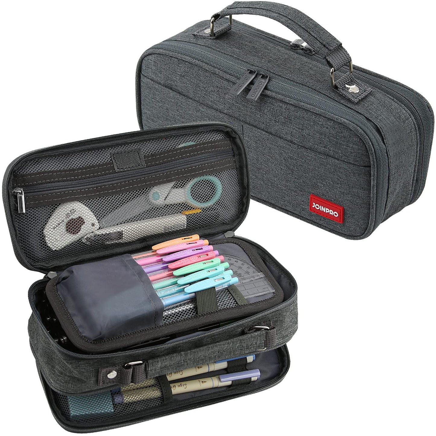 JOINPRO Large Capacity Pencil Case, 4 Compartment Pen Pouch Organizer with Double Zipper, Storage Bag for School, Office, Teen Girl Boy Men Women (Black Grey)