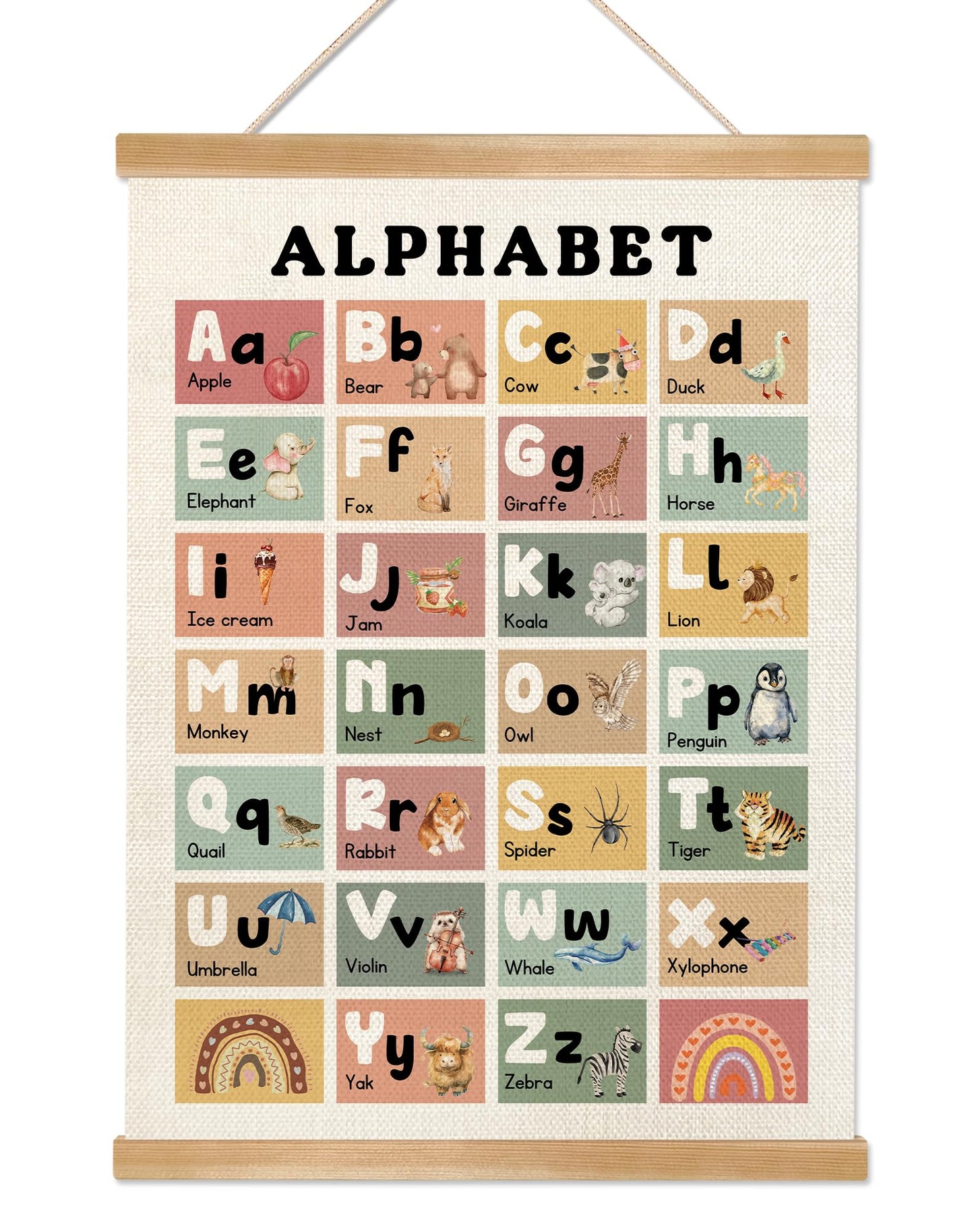 Educational Alphabet Chart Wall Art, 18.5x14Inch Colourful Alphabet Canvas Print Poster with Wooden Henger, Classroom Learning Posters, A-Z Letters Wall Art Decor for Nursery,Playroom and Home School