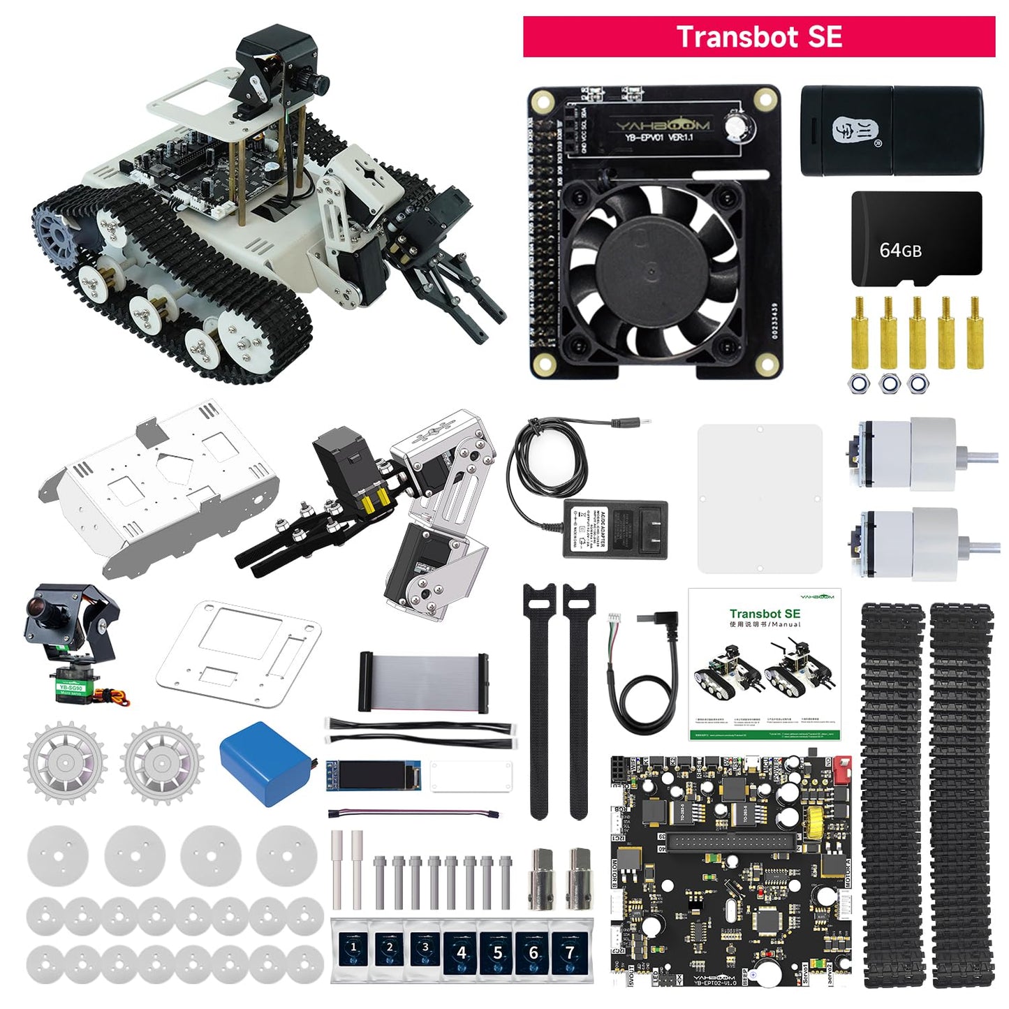 Yahboom Raspberry Pi 5 Robot Track Tank Car Kit with Robotic Arm Artificial Intelligence Learning Electronic Programming for Teens Adults (Transbot-SE Without Pi)