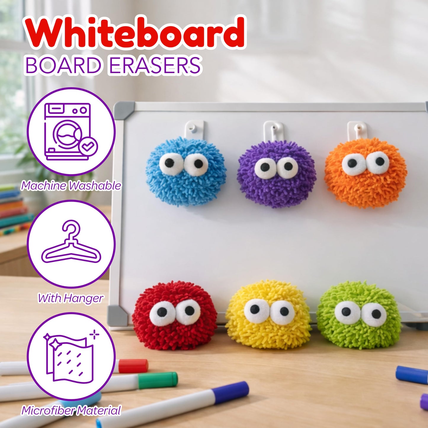 4E's Novelty 12 Pack Googly Eye Dry Erase Board Erasers Bulk - Microfiber Shag Washable Multicolor Whiteboard Erasers for Teachers Kids, Back to School Classroom Supplies School Essential