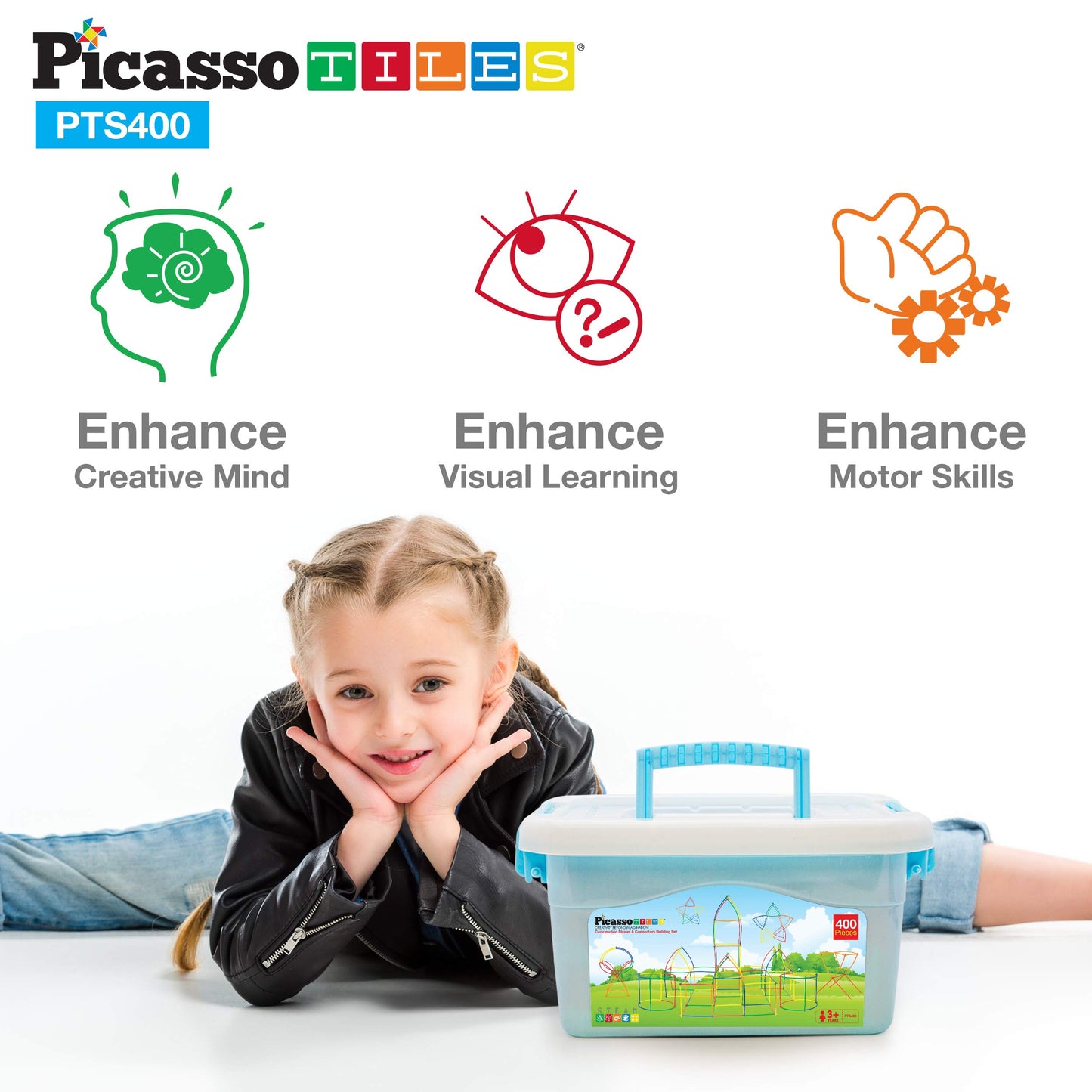 PicassoTiles 400pc Construction Toy Straw Building Set Children STEM Learning Interlocking Building Toys Creative Straw Connecting Builder Kits Early Education Kit for Kids Boys & Girls Ages 3+ PTS400
