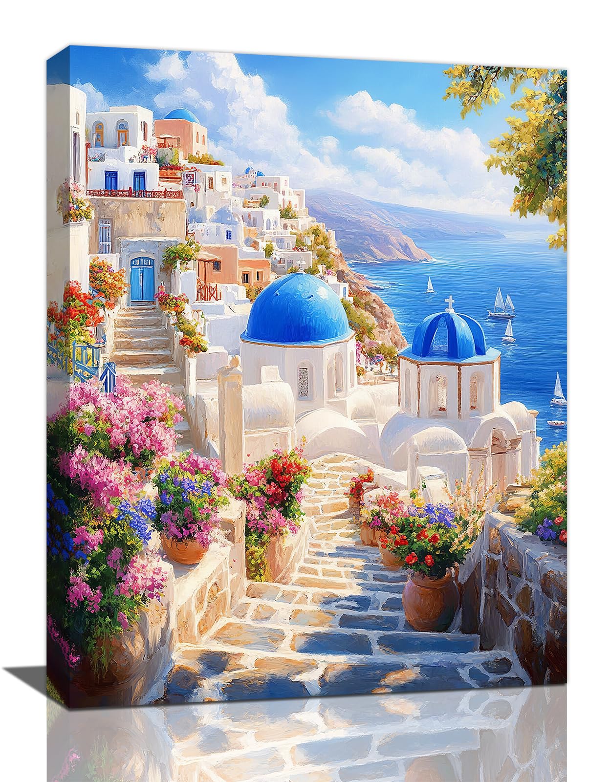 Greek wall art, Greece Santorini Pictures Wall Decor, Ocean Canvas Prints Painting, Framed Beach Artwork for Bathroom Bedroom Living Room Kitchen Dinning Room Office Home Decoration 12x16