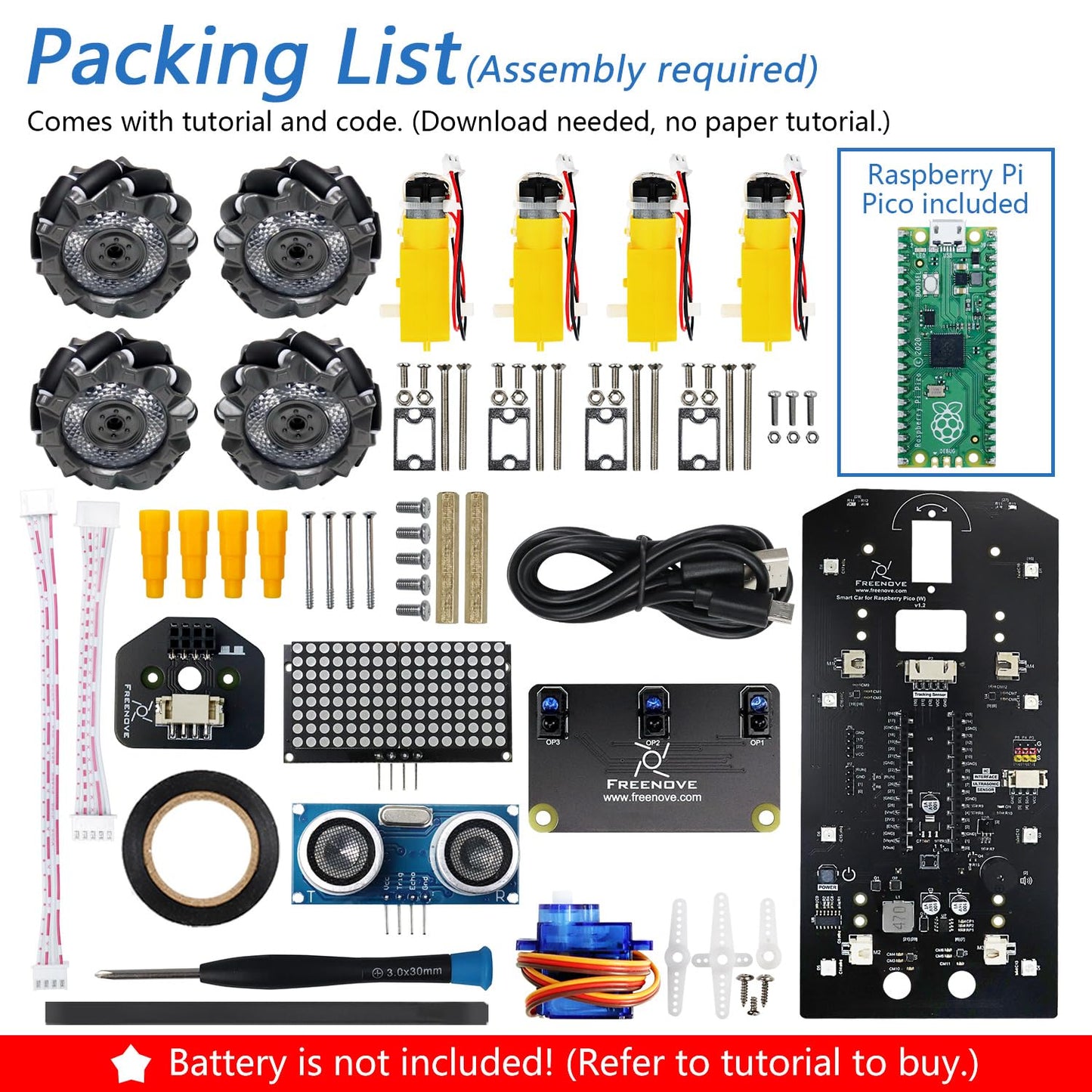 Freenove Mecanum Wheel Car Kit for Raspberry Pi Pico (Included) (Compatible with Arduino IDE), Dot Matrix Expressions, Obstacle Avoidance, Line Tracking, Light Tracing, Colorful Light