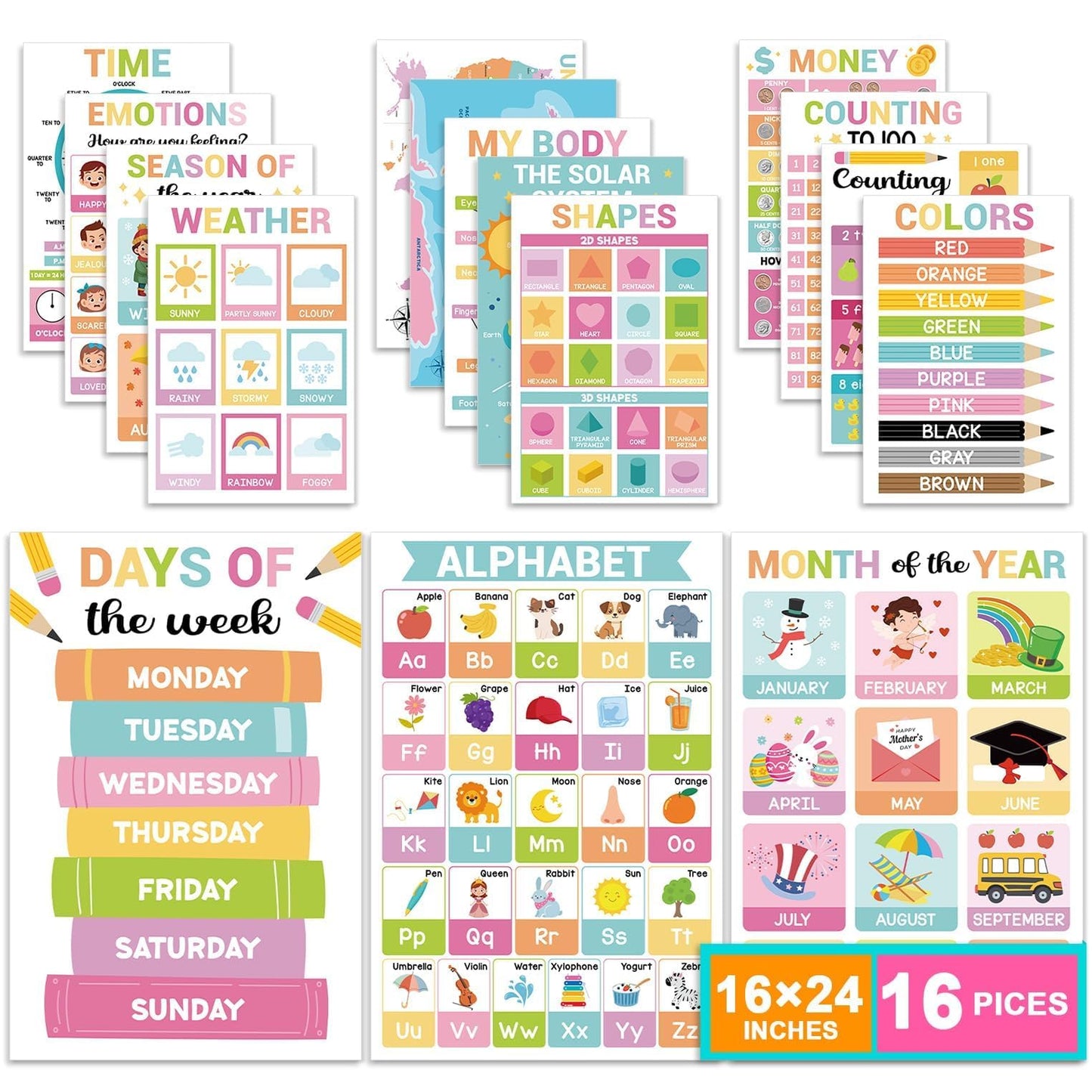 16 Pcs 16”x24” Large Educational Posters for Classroom Decor-Educational Posters for Toddlers 1-3 Learning Poster for Boy Girl Ages 3-5,Kindergarten Preschool Classroom Teacher Must Haves Chart Pastel