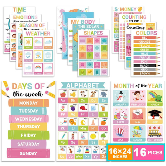 16 Pcs 16”x24” Large Educational Posters for Classroom Decor-Educational Posters for Toddlers 1-3 Learning Poster for Boy Girl Ages 3-5,Kindergarten Preschool Classroom Teacher Must Haves Chart Pastel
