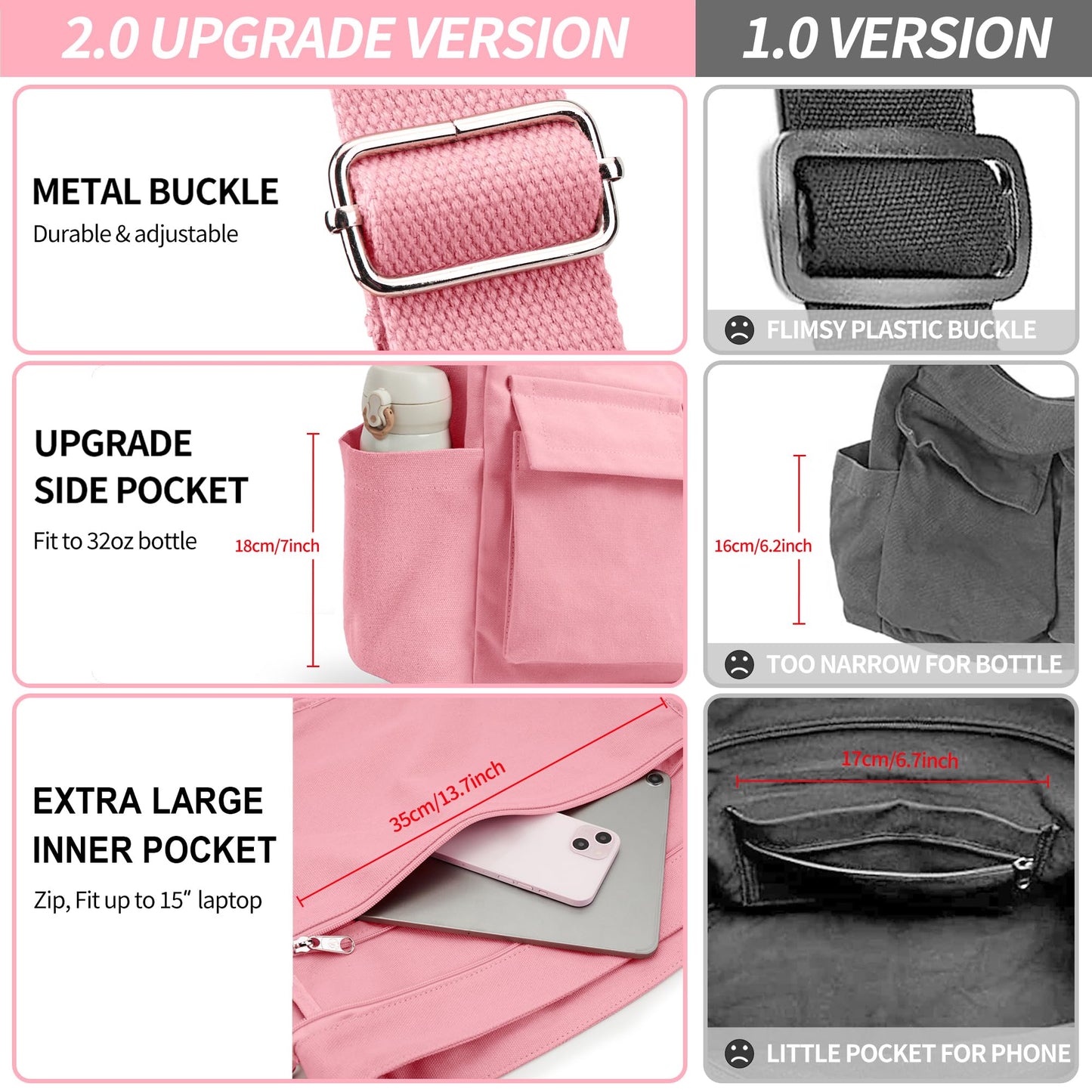 Canvas Messenger Bag for Women Men, Large Crossbody Bag for College Work Travel Daily, Pink